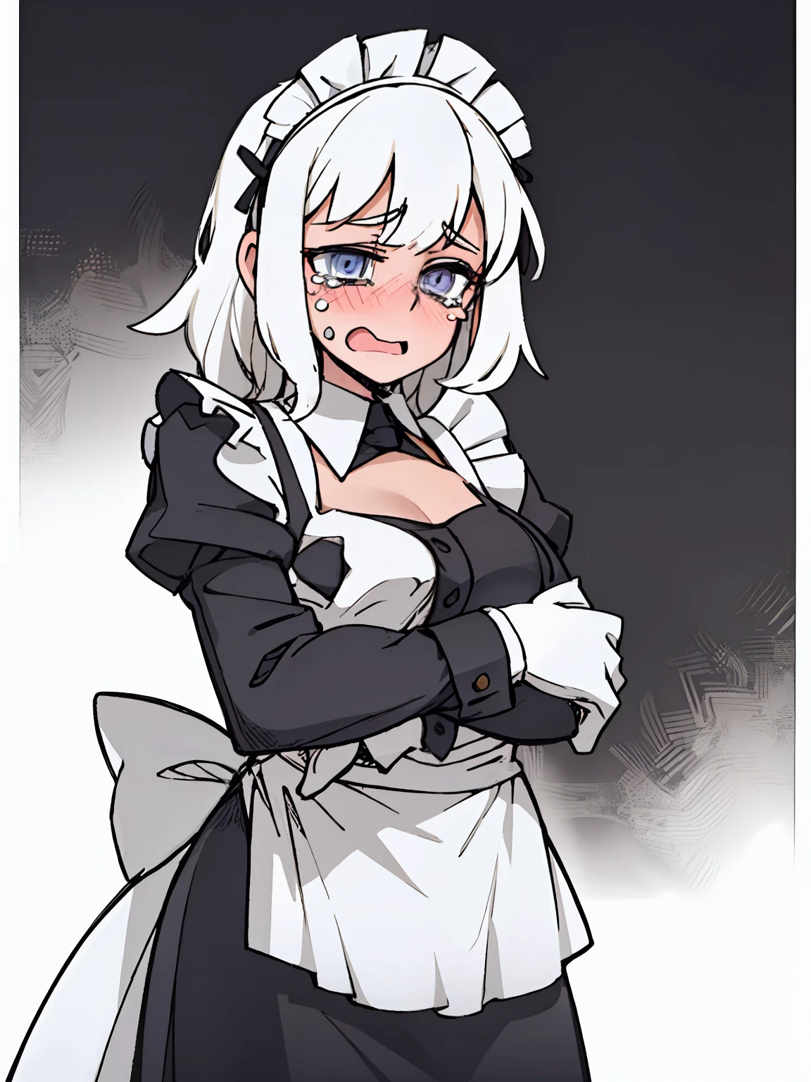 A girl frontal,((full bodyesbian,Long curly white hair,the maid outfit,streaming tears)),Beth,Put your hands in front,Young, White background