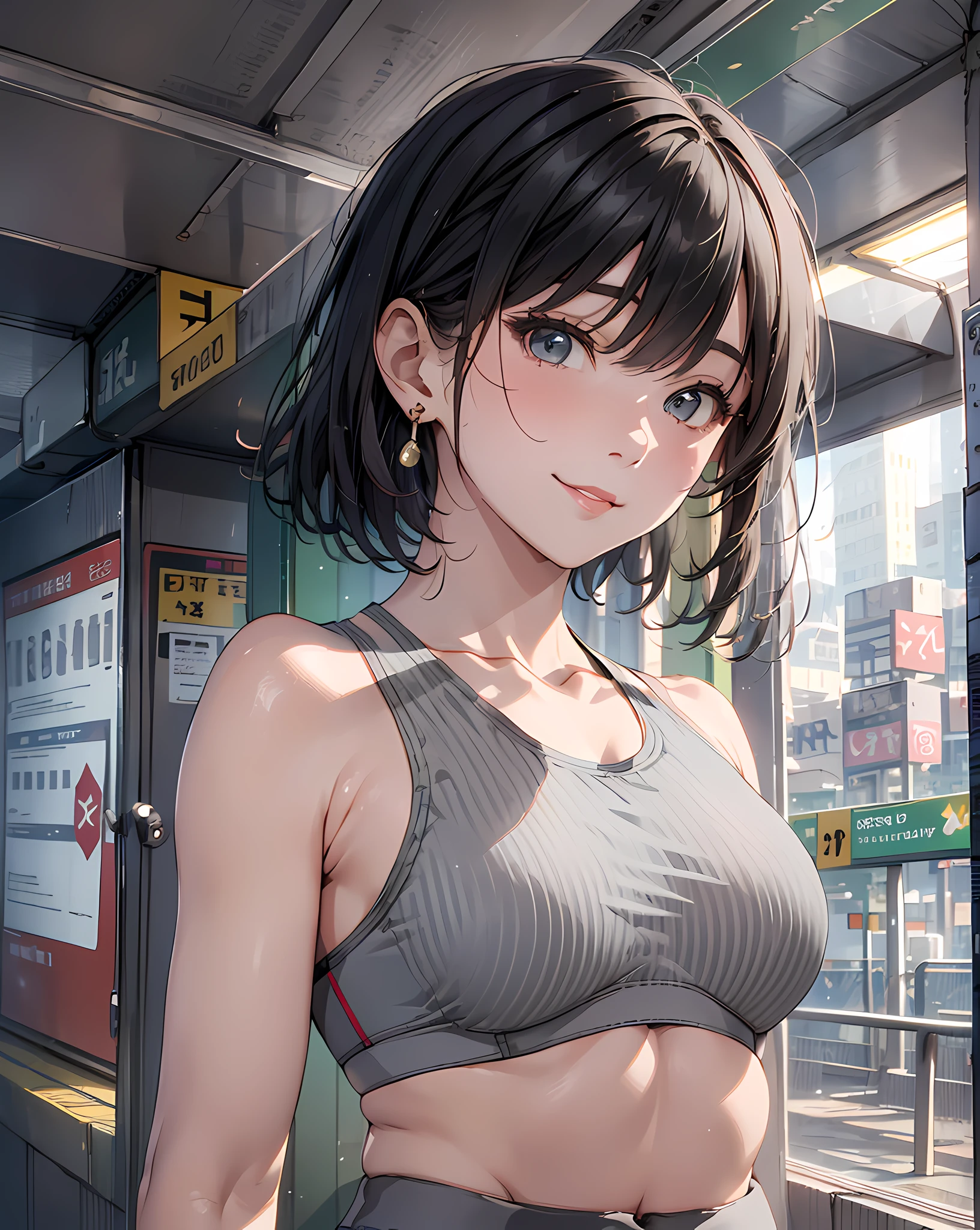 (masterpiece, best quality:1.37), highres, ultra-detailed, ultra-sharp, BREAK, Korean school idol, (((1girl:1.37, solo))), (beautiful anime face, cute face, detailed face), (black hair, thin hair, short hair, bangs, hime-cut), detailed beautiful cyan eyes, BREAK, ((detailed grey sports bra:1.5), (detailed shorts:1.5)), BREAK, lovely look, water melon earing, detailed clothes), light smile, closed mouth, parted lips, pink lipstick, BREAK, ((standing, arms behind back,:1.3, cowboy shot)), detailed human hands, HDTV:1.2, ((detailed subway station view background:1.3)), 8 life size, slender, anime style, anime style school girl, perfect anatomy, perfect proportion, inspiration from Kyoto animation and A-1 picture, late evening, excellent lighting, bright colors, clean lines, photorealistic