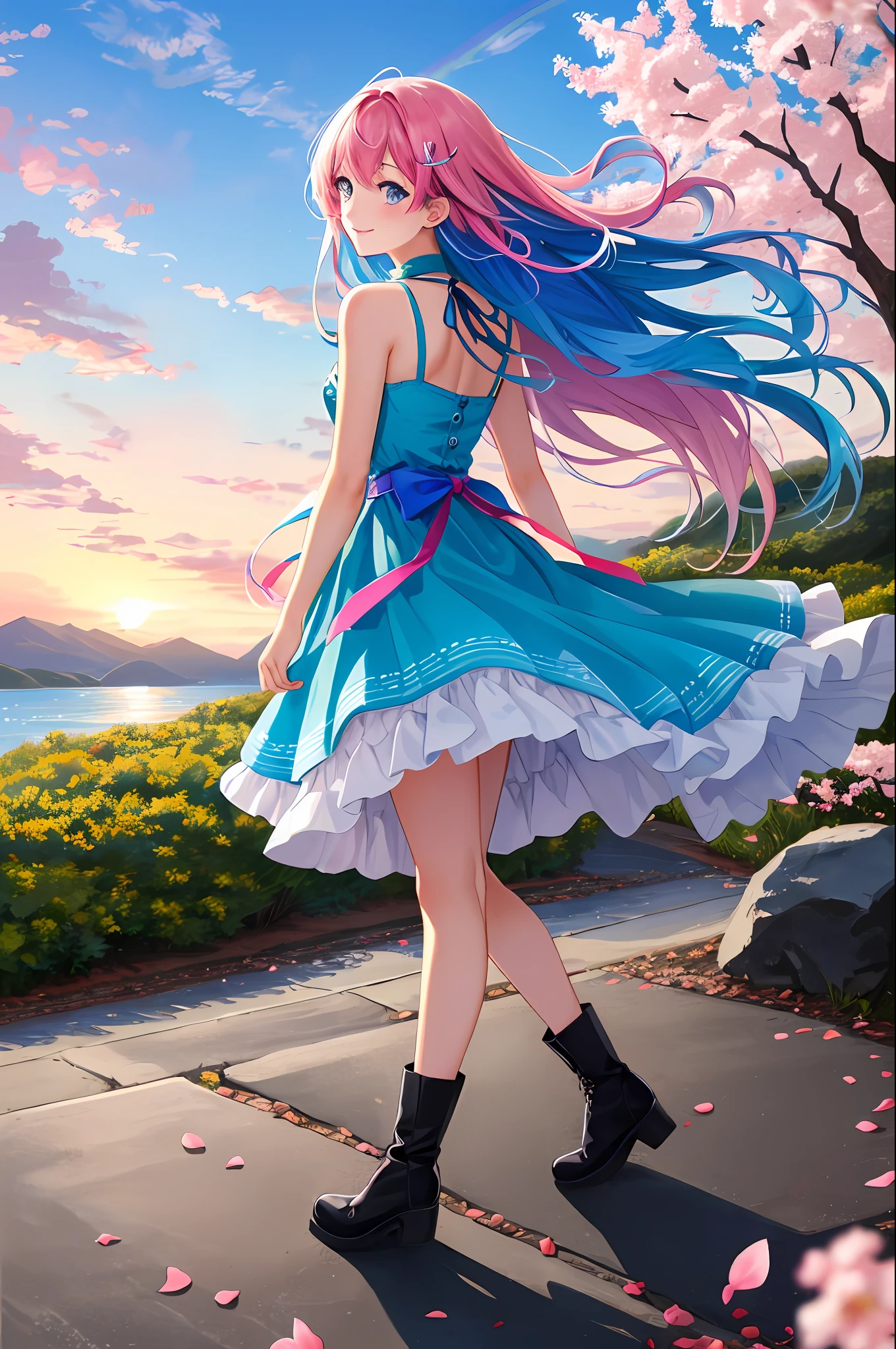art noveau style,(masterpiece, best quality, ultra-detailed, high-res),perfect face,solo,1girl,(full body),(rainbow color Hair,colorful hair,half blue and half pink hair:1.4),a girl in a dress and boots is walking across a rainbow - colored field with a rainbow - colored sky behind her, Chizuko Yoshida, official art, a detailed painting, color field,petals, petals_on_liquid, falling_petals, rose_petals,cherry_blossoms, cloud, water, sky, solo, smile, blue_hair, ripples, blue_eyes, looking_at_viewer, twilight, flower, black_footwear, leaves_in_wind, sunset, boots, wind, ocean, outdoors, long_hair