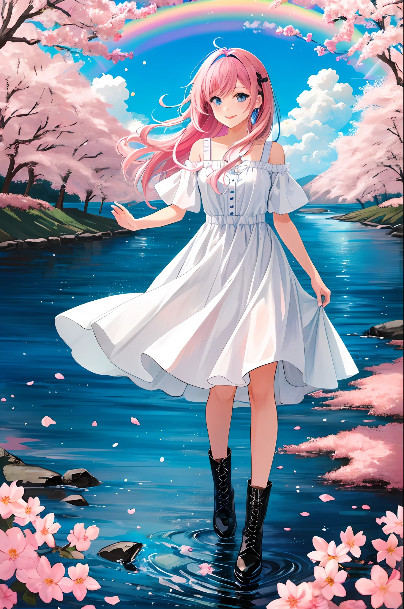 art noveau style,(masterpiece, best quality, ultra-detailed, high-res),perfect face,solo,1girl,(full body),(rainbow color Hair,colorful hair,half blue and half pink hair:1.4),a girl in a dress and boots is walking across a rainbow - colored field with a rainbow - colored sky behind her, Chizuko Yoshida, official art, a detailed painting, color field,petals, petals_on_liquid, falling_petals, rose_petals,cherry_blossoms, cloud, water, sky, solo, smile, blue_hair, ripples, blue_eyes, looking_at_viewer, twilight, flower, black_footwear, leaves_in_wind, sunset, boots, wind, ocean, outdoors, long_hair