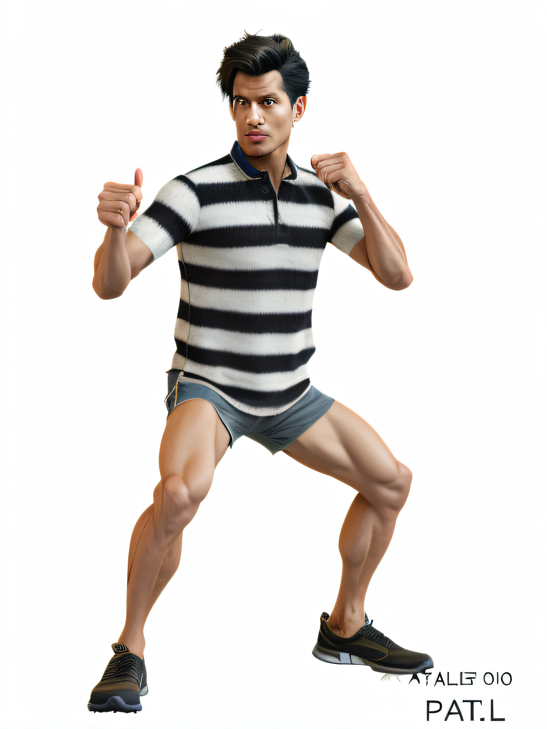 The Araffed man in a striped shirt and shorts is posing, confident action pose, t pose, t-poses, t - pose, in shorts and t-shirt, full body action pose, Beef Cake Pose, photorealistic full body, Male model, tan skin a tee shirt and shorts, as an action figure, model standing pose, character posing, standing athletic pose，Handsome face，The expression is serious