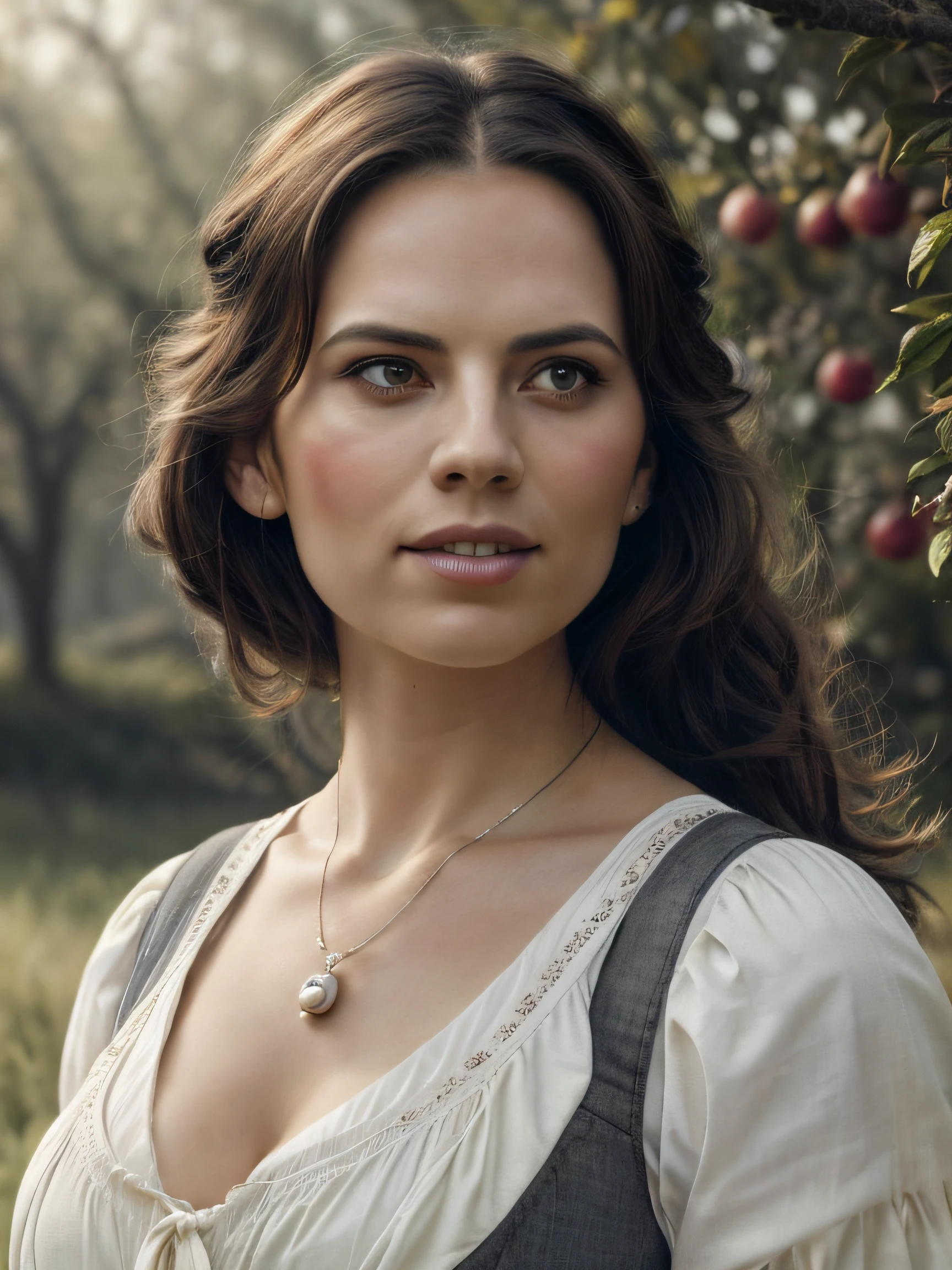 (Thirty year old) woman, standing, wearing a (white flowing Victorian peasant dress with dark grey under bust corset:1.2), long legs, dreamy photo, looking straight at camera, slight smile, full lips, beautiforchard scene, Apple trees, Victorian gothic, misty, andre kohn, Canon, (Detailed features::1.2), real life. Hayley Atwell, intricate, 8k, highly detailed, (extremely detailed CG unity 8k wallpaper), ((square jaw)), (well defined jaw), (downturned lips), (detailed anatomy), Hyperrealistic full shot body image, trending on CGSociety, Intricate, High Detail, Sharp focus, dramatic, volumetric lighting, vibrant, warm colours, digital painting, intense, modelshoot style, (extremely detailed CG unity 8k wallpaper), full shot body photo of the most beautiful artwork in the world, pearl skin, professional majestic oil painting by Ed Blinkey, Atey Ghailan, Studio Ghibli, by Jeremy Mann, Greg Manchess, Antonio Moro, trending on ArtStation, photorealistic painting art by midjourney and greg Rutkowski