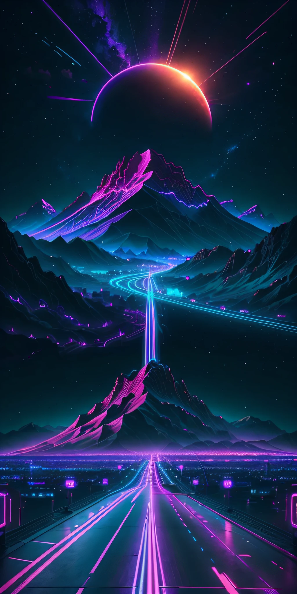 retro wave, road, city, purple and blue neon lights, sun, mountain, night sky, futuristic, 
(masterpiece, ultra detailed, high resolution)