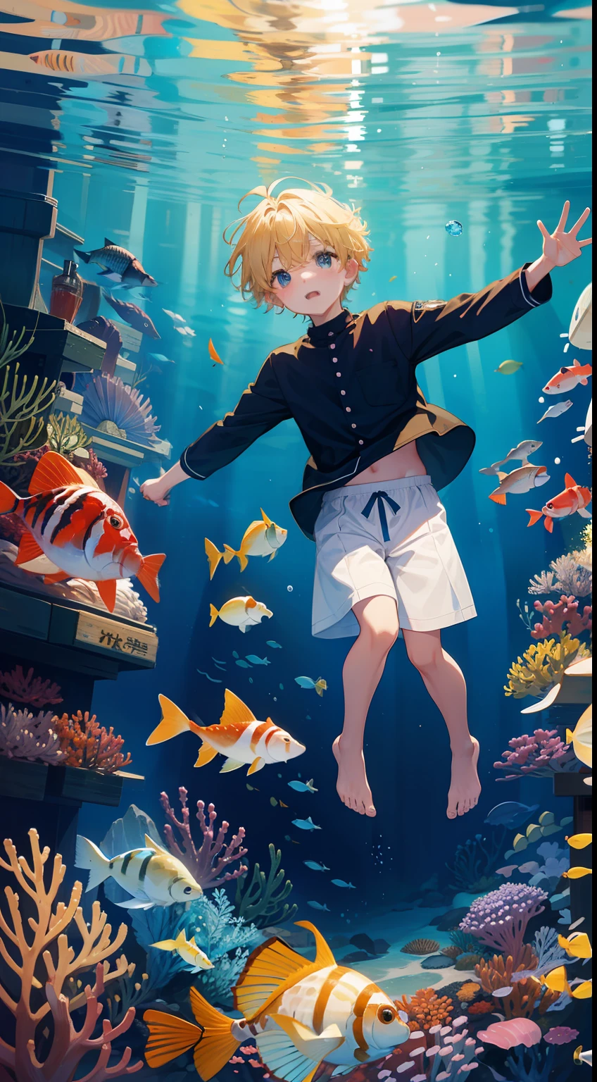 Under the sea、Boy swimming、Wearing sea bread。Hair color is blonde and short hair、A lot of fish around the boy