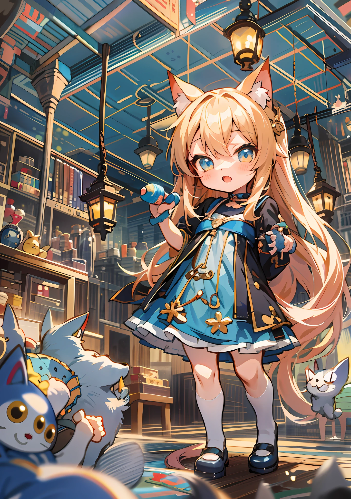 Anime - stylized image of a girl in a blue dress and a cat, loli in dress, cute anime waifu in a nice dress, Splash art anime Loli, cute anime catgirl, beautiful anime catgirl, Very beautiful anime cat girl, trending on artstation pixiv, Kawasi, small curvaceous loli, shadowverse style, small loli girl