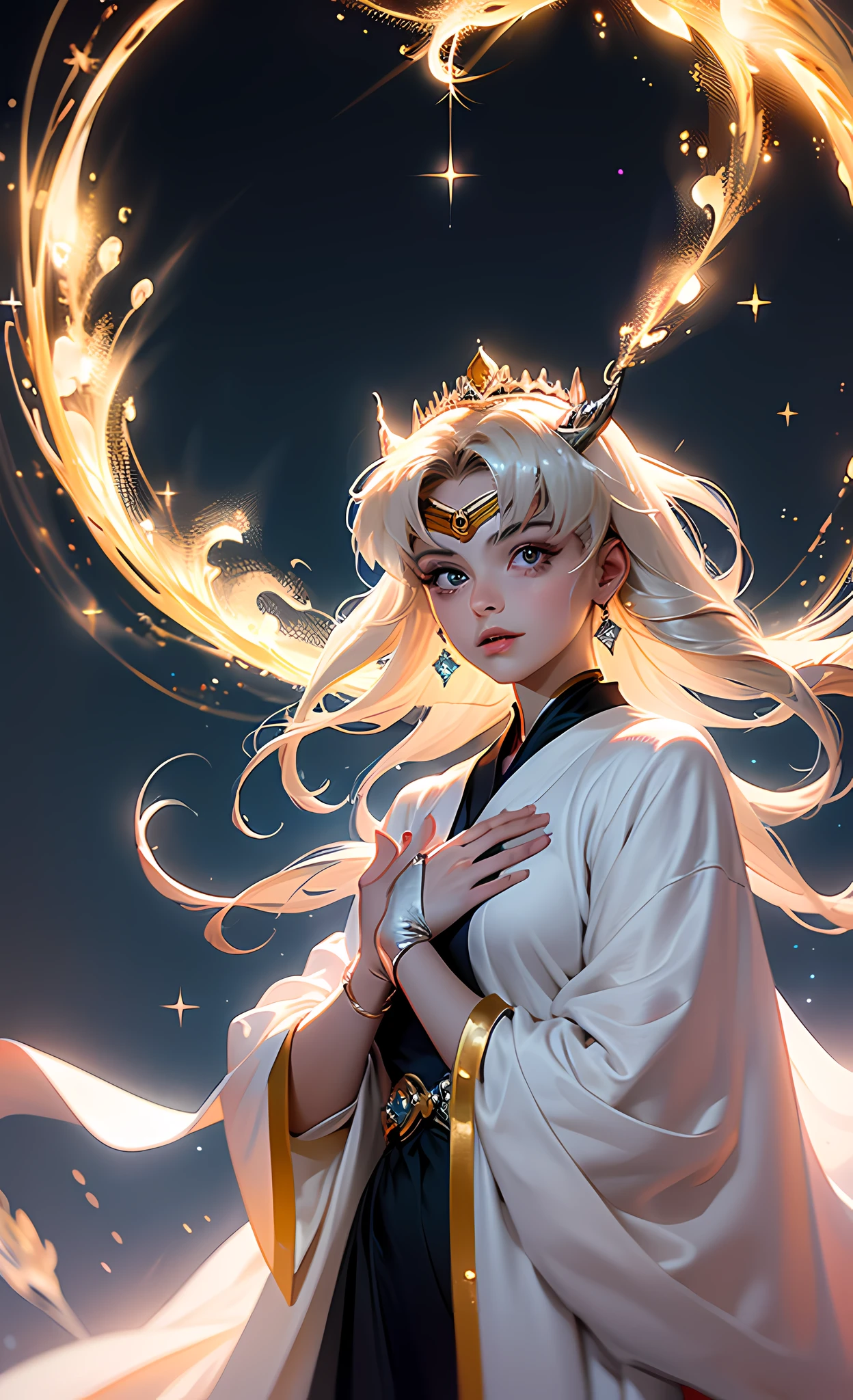 tmasterpiece, Best quality at best, 1girll, 1 Sailor Moon wears a crown, sorceress woman, robe, magia, mistic, moody light, with light glowing, with light glowing, glittery, swirling energy