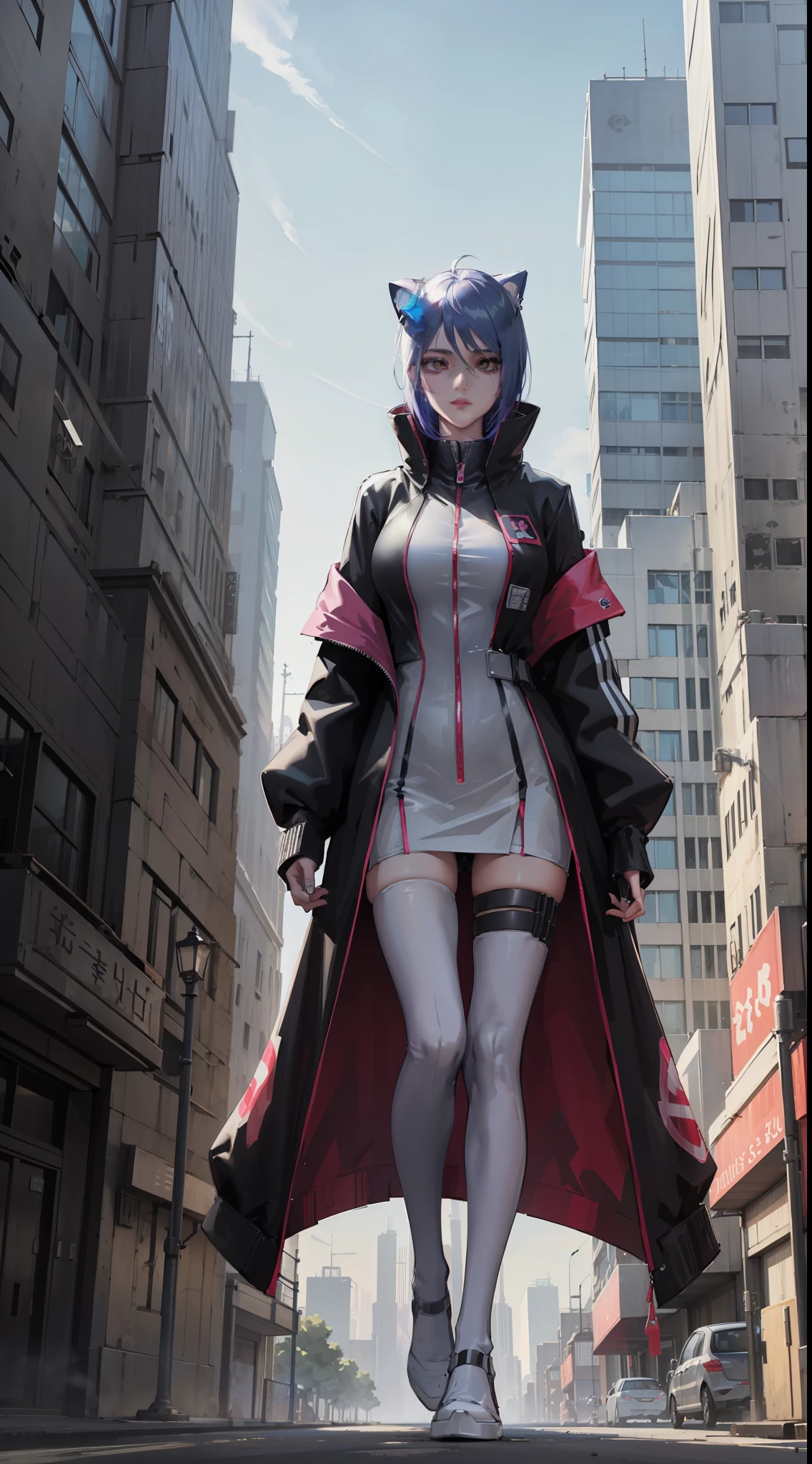 Wear a plastic transparent jacket,Draw metal lines on your face,Inspired by:《cyber punk edge runner》,heroines"lucy"of clothes ,Reflective high-rise buildings in the background