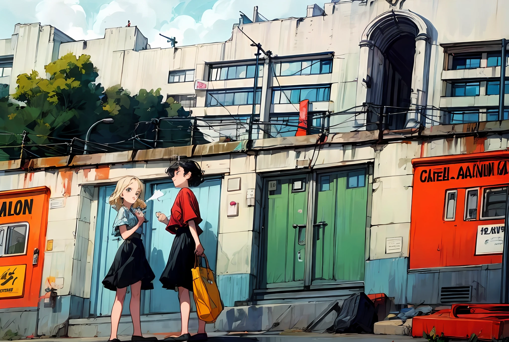 painting of two women smoking cigarettes, little clouds of smoke, standing in front of a building with doors, inspired by John Brack, inspired by Robert Ballagh, by Thomas Dalziel, inspired by Carel Weight, by Lee Loughridge, by Jeka Kemp, by Richard Pionk, inspired by Wes Anderson, inspired by L. S. Lowry, by Joan Brown, inspired by Paul Delvaux