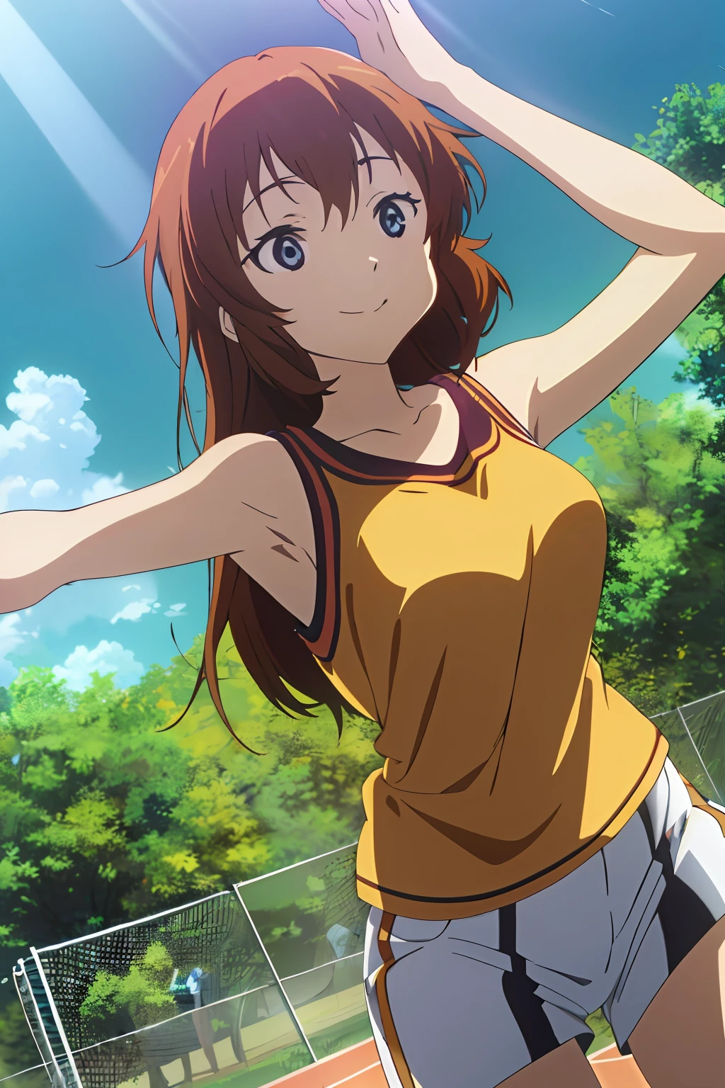 (highres, best quality:1.2), 1girl, radiance, soft contours, beautiful drawing, upper body, concept art, eyelashes, kyoani hyouka style, detailed background, bright colors,
charlotte e. yeager, ((long orange hair)), smile, sleeveless shirt, sport, open arms,
 outdoors, summer, sports court, blue sky, sunny day, sun rays,