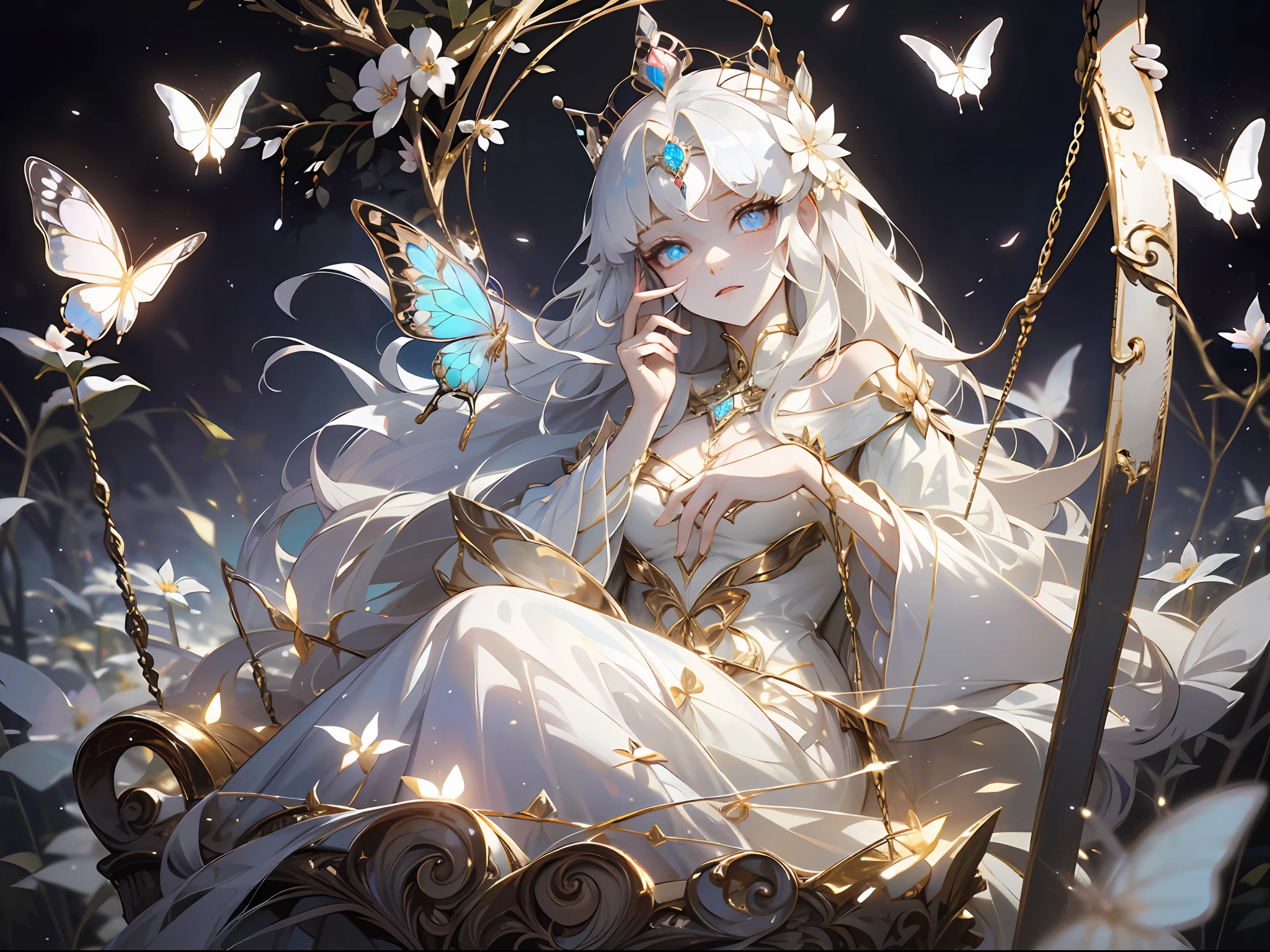 1 woman with a crown，the night，Sitting on a swing in the garden，dream colors，Beautiful and elegant butterfly queen, Guviz, Fantasy art style, 8K high quality detailed art, Butterfly Lord, Beautiful and seductive butterfly princess，digital fantasy art , ellegance, (long  white hair，White-colored skin，The skin is translucent white，sparkle in eyes，Wearing a beautiful dress，Gold wire butterfly sleeves，beautiful  face，Lonely pale face），Glow-in-the-dark flowers，Particle，Glow，Guviz-style artwork, WLOP Art,