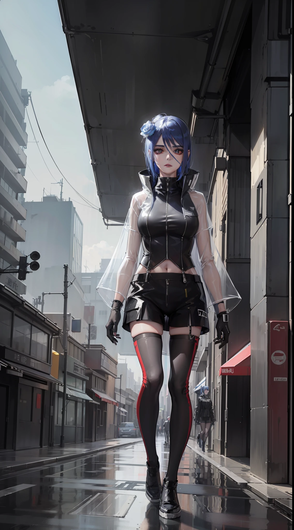 Wear a plastic transparent jacket,Draw metal lines on your face,Inspired by:《cyber punk edge runner》,heroines"lucy"of clothes ,Reflective high-rise buildings in the background