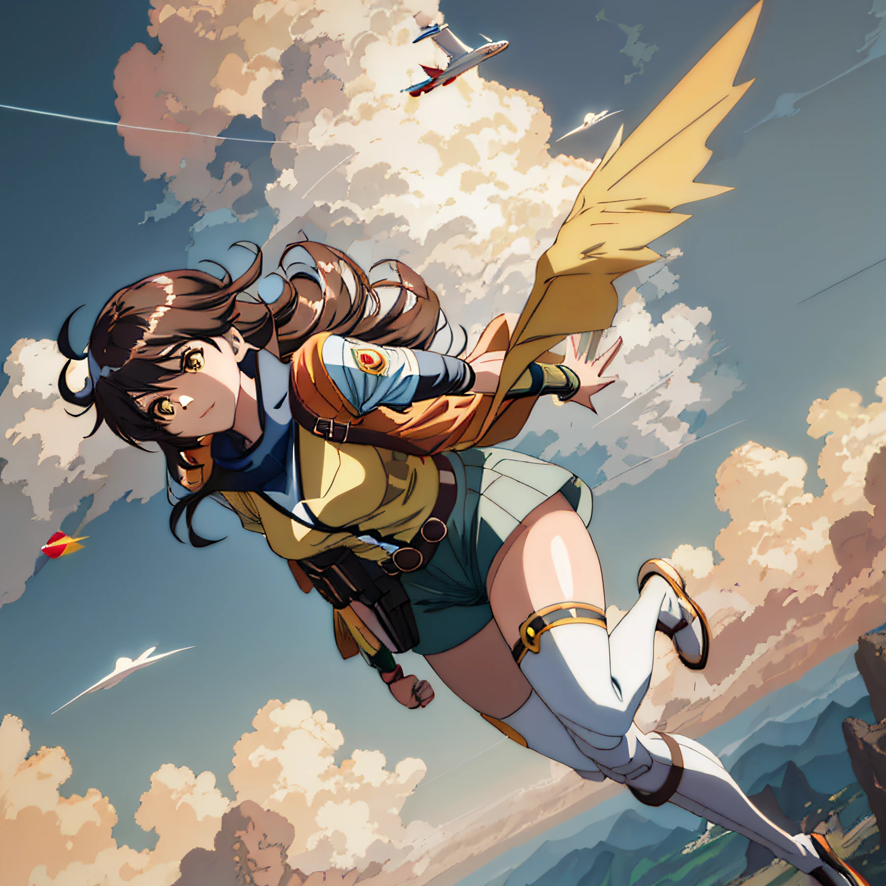 Anime girls flying in the sky，Wearing a yellow cloak and goggles, Artgerm and Atey Ghailan, Ross Tran 8 K, 2. 5 D CGI anime fantasy artwork, Range Murata and Artgerm, krenz cushart and artgerm, Anime art wallpaper 8 K, portrait of a female anime hero, Detailed digital anime art