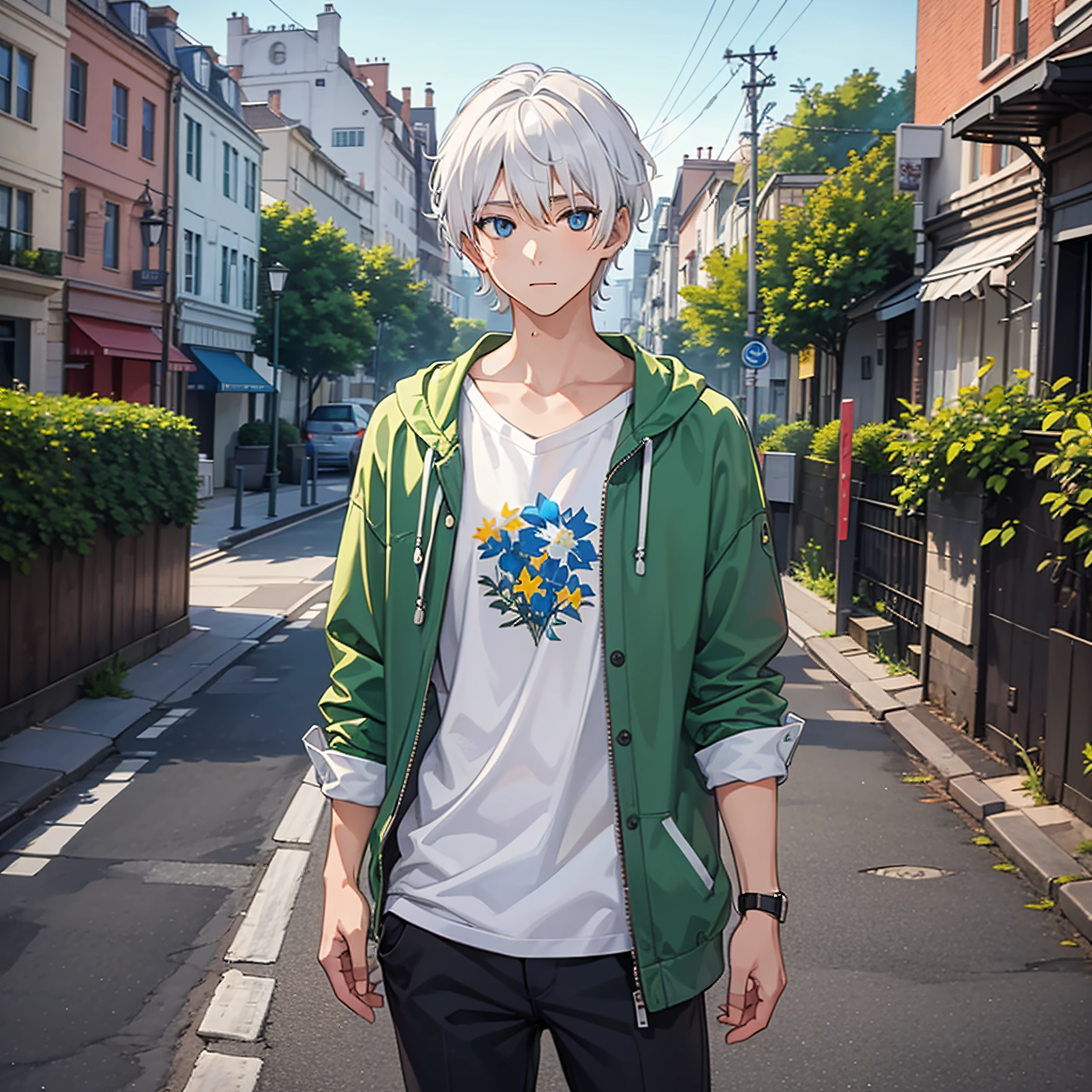1 boy, white hair, blue eyes, full body picture, standing in front, casual dress looking straight ahead, green background, high detail, high resolution, solid color background
