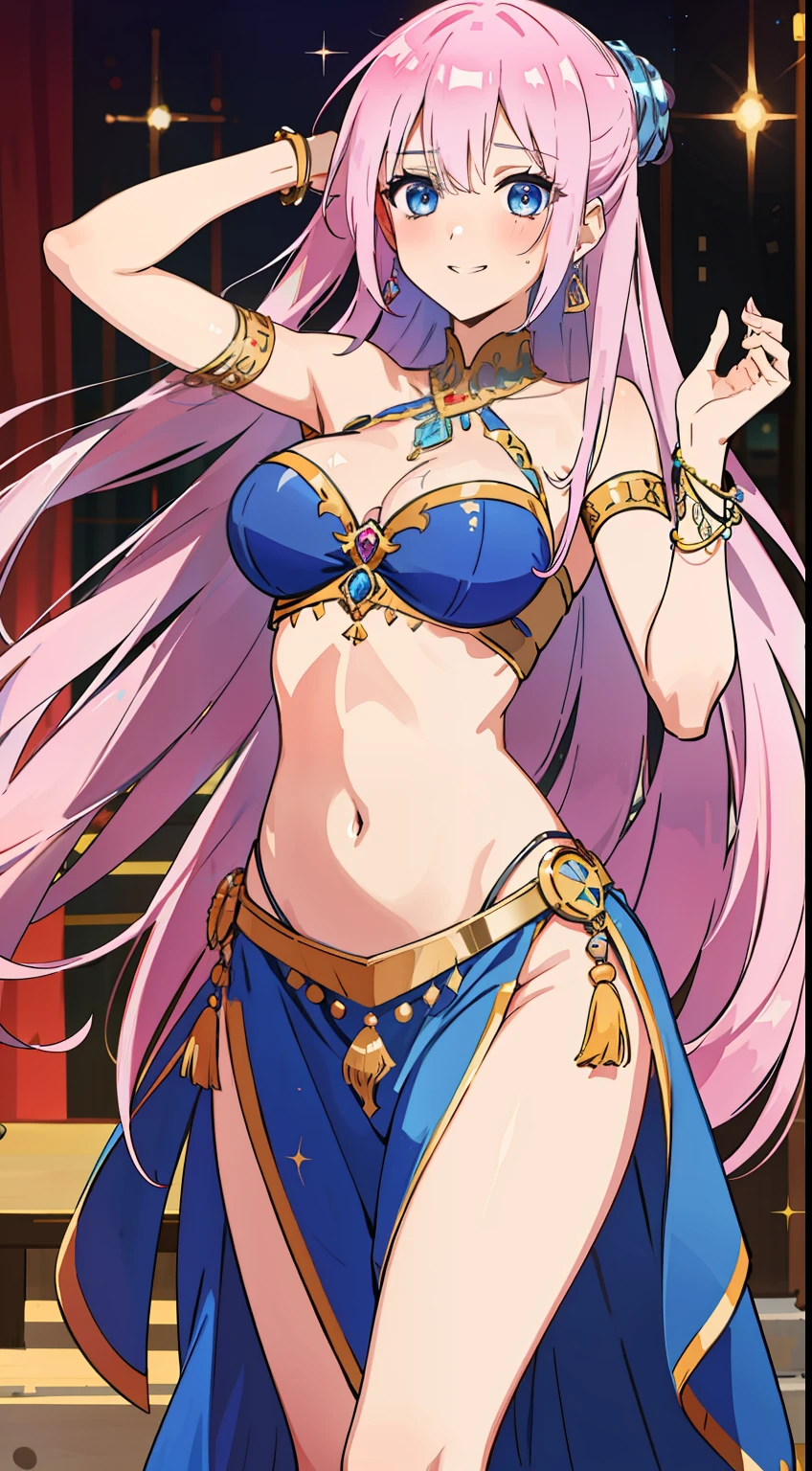 shikimori, medium breast, slim legs, blue gown, navel, skirt, standing, beautiful eyes, blue eyes, happy, arabian belly dancer, stage