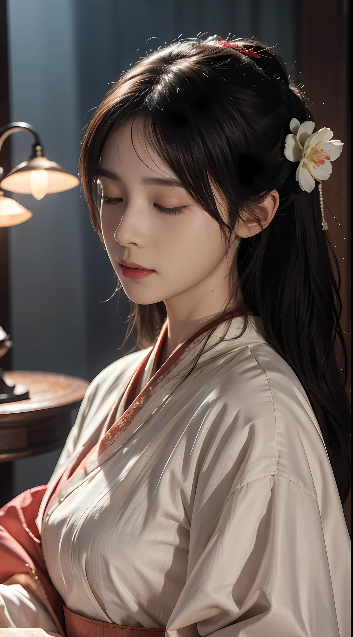 Hanfu Peach Blossom Beauty Closed Eyes Side Face Detailed details, Masterpiece, offcial art, movie light effect, 4K, Chiaroscuro , Flashing Canon photography realistic