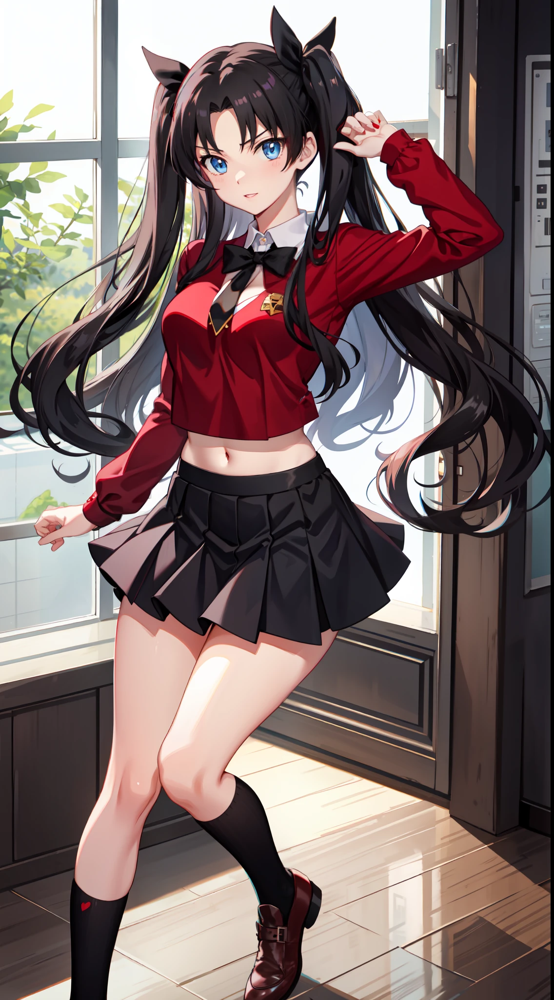 long hair, black hair, medium breast, slim legs, happy, cleavage, skirt, rin tohsaka, twin tail, navel, blue eyes, sunlight, school uniform