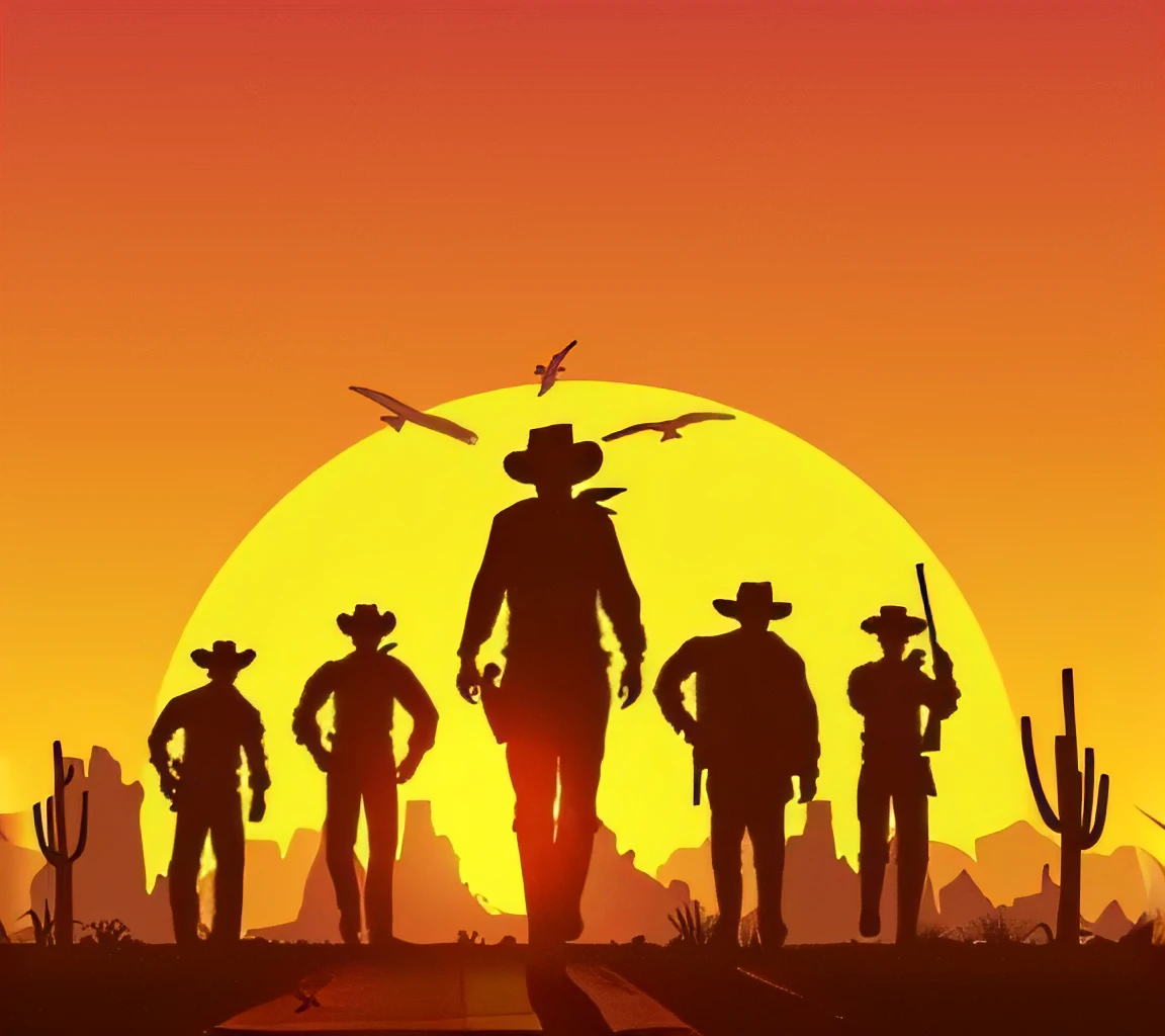 A group of cowboys stand in the desert at sunset, Old West, cowboys, Old West, Western background, Western film, Epic westerns, [ Western film ], Inspired by Western comics, western animation, Wild West theme, wild west, the gunslinger, Space West, Wild West background, [ red dead ], cowboy, Western gunners, Western Manga, Western comic book style