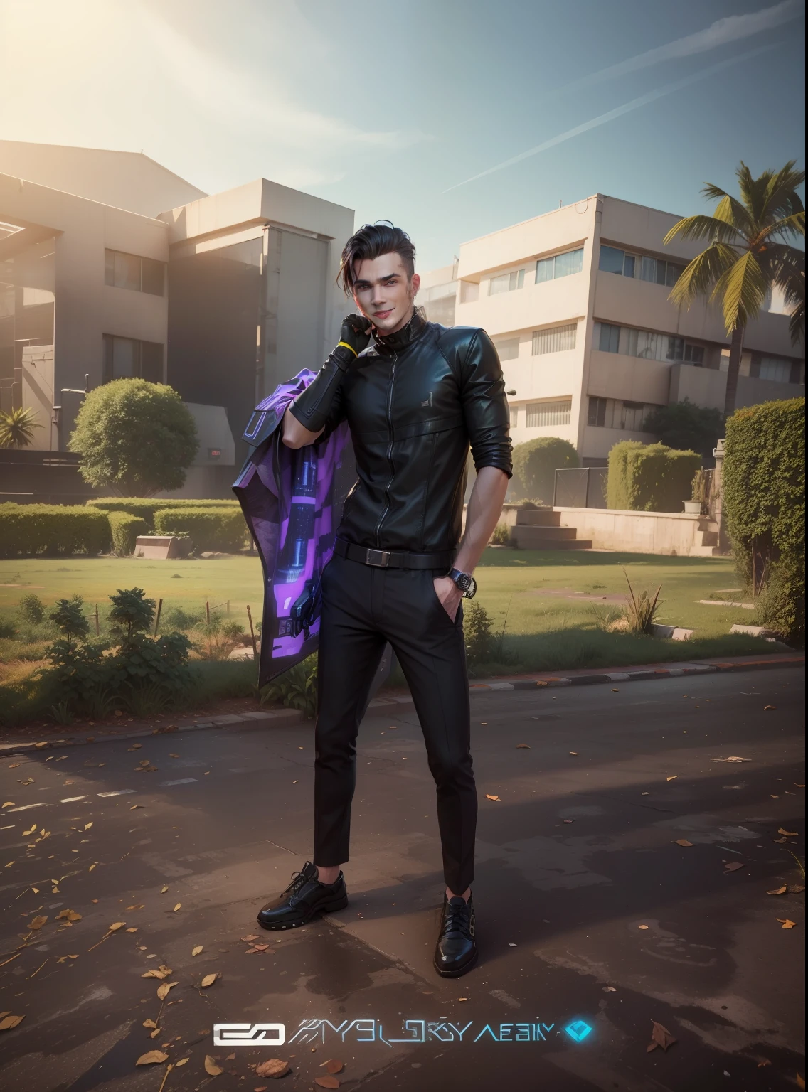 Charming Guy looking, stylish pose, change background cyberpunk 3d realistic, guy in stylish clothes and smirking smile.