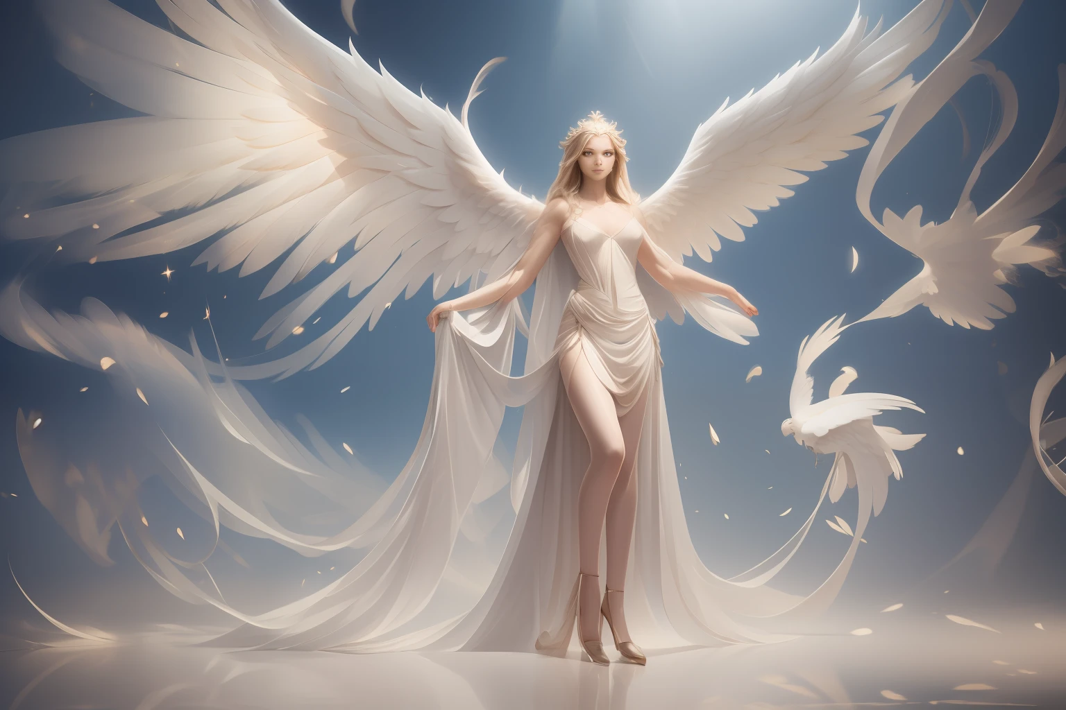 (((fullbody))) ANGELIC DELIGHT, BORN OF LIGHT, WINGED ANGELS, HEAVEN SENT, masterpiece, highly detailed, photorealistic, high resolution, spectral form, cinematic noir lighting, surreal photorealism, strong detailing