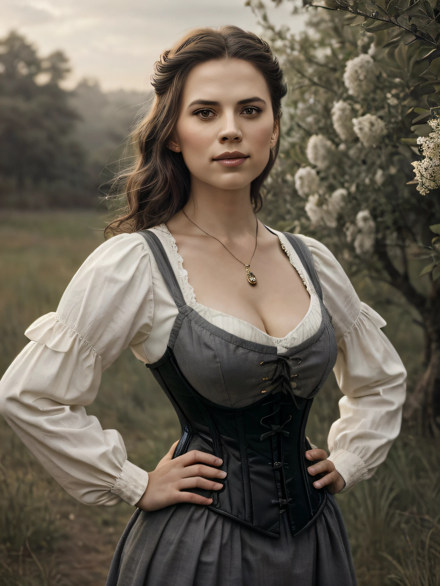 (Thirty year old) woman, standing, wearing a (white flowing Victorian peasant dress with dark grey under bust corset:1.2), long legs, dreamy photo, looking straight at camera, slight smile, full lips, beautiforchard scene, Apple trees, Victorian gothic, misty, andre kohn, Canon, (Detailed features::1.2), real life. Hayley Atwell, intricate, 8k, highly detailed, (extremely detailed CG unity 8k wallpaper), ((square jaw)), (well defined jaw), (downturned lips), (detailed anatomy), Hyperrealistic full shot body image, trending on CGSociety, Intricate, High Detail, Sharp focus, dramatic, volumetric lighting, vibrant, warm colours, digital painting, intense, modelshoot style, (extremely detailed CG unity 8k wallpaper), full shot body photo of the most beautiful artwork in the world, pearl skin, professional majestic oil painting by Ed Blinkey, Atey Ghailan, Studio Ghibli, by Jeremy Mann, Greg Manchess, Antonio Moro, trending on ArtStation, photorealistic painting art by midjourney and greg Rutkowski