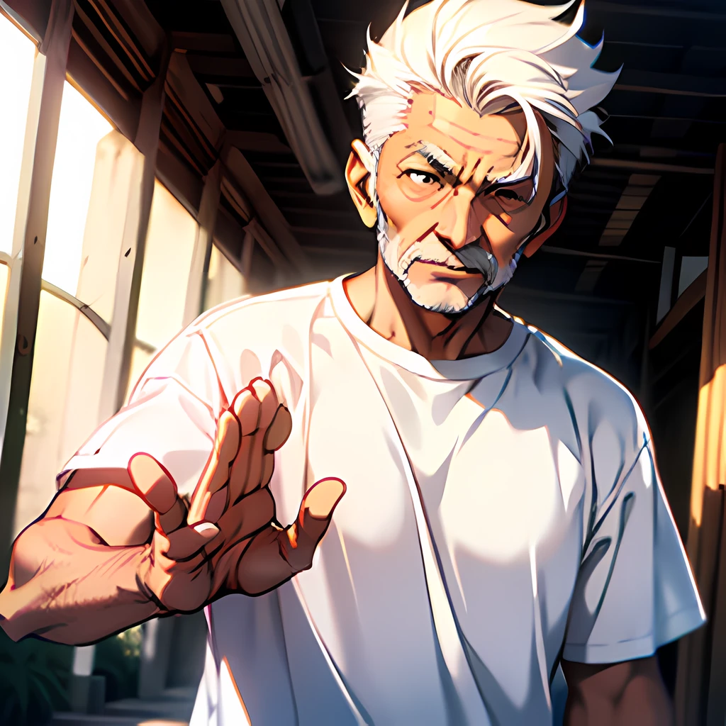 An old man with white hair opened his hands in front of a young boy in a white T-shirt