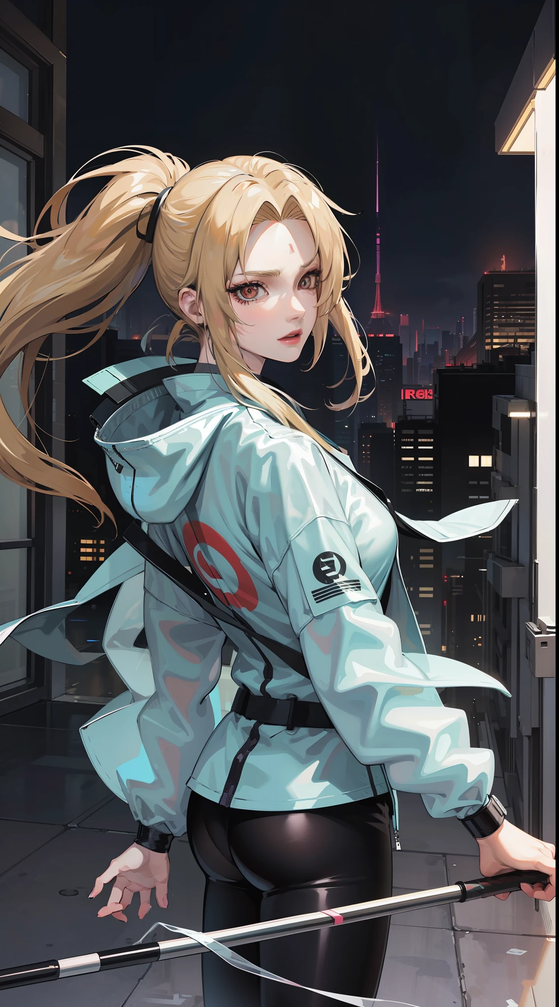Tsunade,The blonde is wearing a plastic transparent jacket,Draw lines on your face,Inspired by:《cyber punk edge runner》,heroines"lucy"Plastic clothes,High-rise buildings with night light in the background
