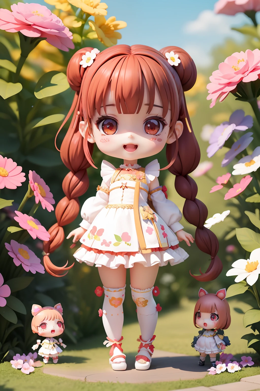 (masterpiece)、(top-quality)、(ultra-detailliert)、(full body Esbian)、(Anatomically correct)、(beautifull detailed face)、(beatiful detailed eyes)、 1人、magical litgic cane、Three-headed body、Chibi、cute little、red blush、Brown hair、red eyes、braids twintails、bangss、blush stickers、A smile、open open mouth、outside of house、Flower Garden、A lot of colorful flowers、Cute outfits with frills、a miniskirt、knee sox、Floral hair ornament、