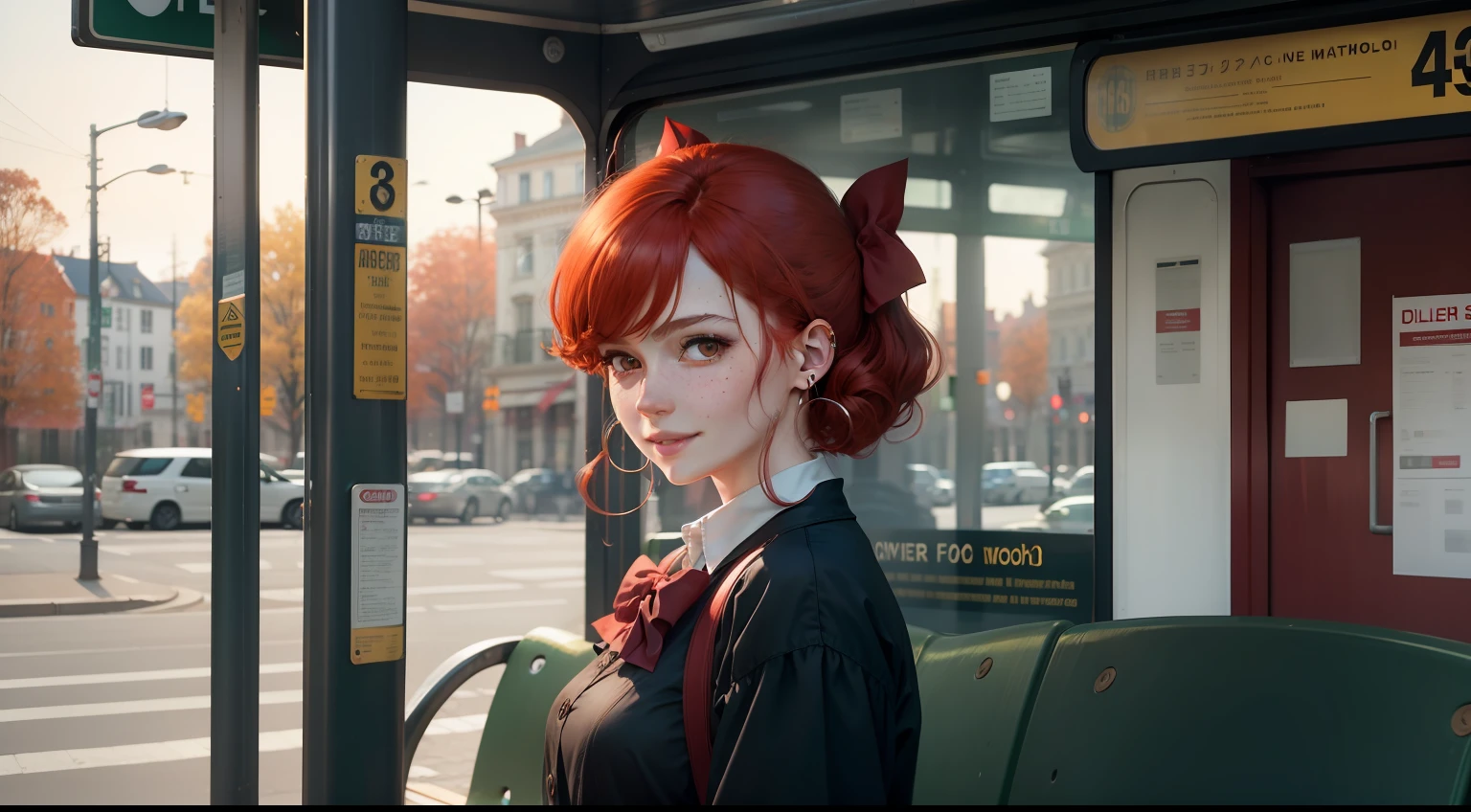 bus stop, A woman who is, red hair, flipped hair, hair bow, mole under eye, hollow eyes, hoop earrings, light smile, Monet, Romanticism, highres