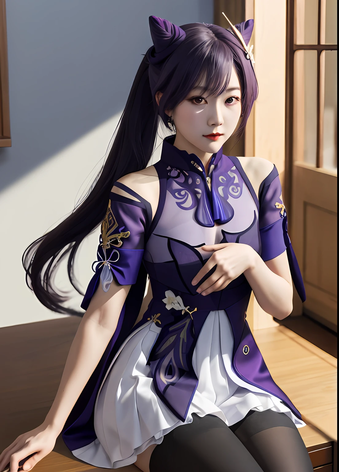 keqingdef,full bodyesbian,Royal sister,seductiv,Big chest,ogle,bare no clothes,simplebackground,black lence stockings,cropped shoulders,on cheongsam