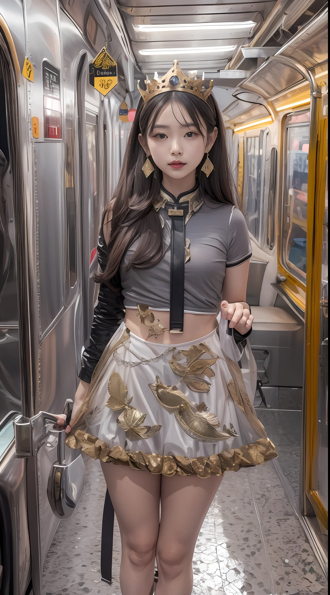 （tmasterpiece，k hd，hyper HD，16k）brunette color hair，15 year old girl，Multi-layer gauze skirt，Silver embroidered crown gold inlaid hooves，Rouge lips，Cherry mouth，Focus on the neckline，Soft hair like slippery silk，Sparkling，Almost reluctant to look away，She wears a suspender cheongsam！Imagine that，She just wore a suspender cheongsam to shop in the bustling Sanlitun，One can't help but want to take a closer look。Take a closer look, desi，Her belly pocket is quite stylish，The skirt flutters in the wind，It's like adding a touch of energy to the whole street，Crocodile skin train，A sneak peek angle，（From the angle below），Sit in the seat of the train python，sitting in front，Zoom camera，head portrait，Head down and sleepy-eyed，Look at the ground， best qualtiy， hyper HD， （realisticlying：1.4），， A high resolution， the detail， RAW photogr， Sharp Re， Nikon D850 Film Stock Photo by Jefferies Lee 4 Kodak Portra 400 Camera F1.6 shots, Rich colors, ultra-realistic vivid textures, Dramatic lighting, Unreal Engine Art Station Trend, cinestir 800，