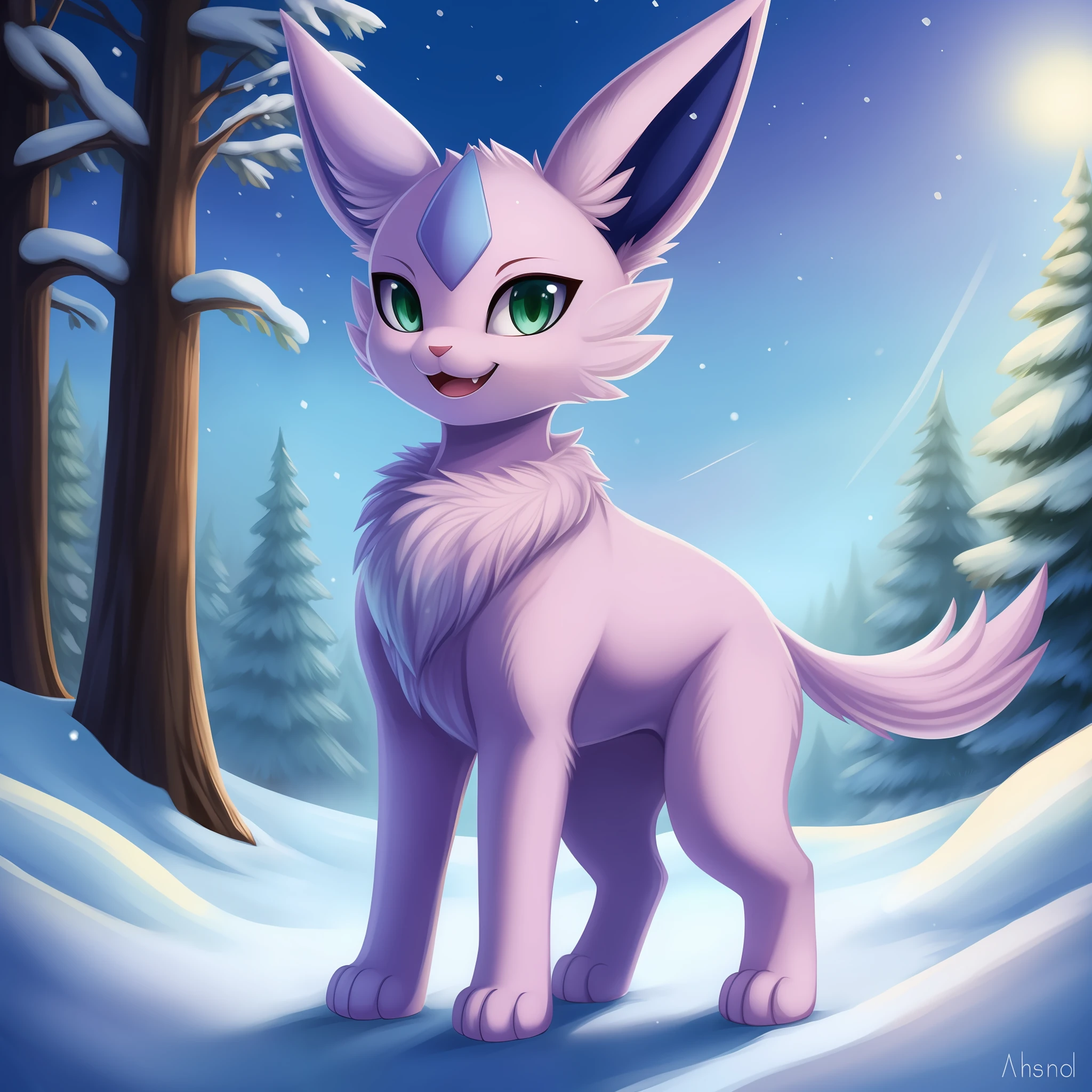 BREAK
solo, [espeon|glaceon|glaceon|espeon], ambiguous gender, feral, standing, looking at viewer, smile, open smile, green eyes, happy, bodypaint BREAK
detailed background, snow, forest, firefly