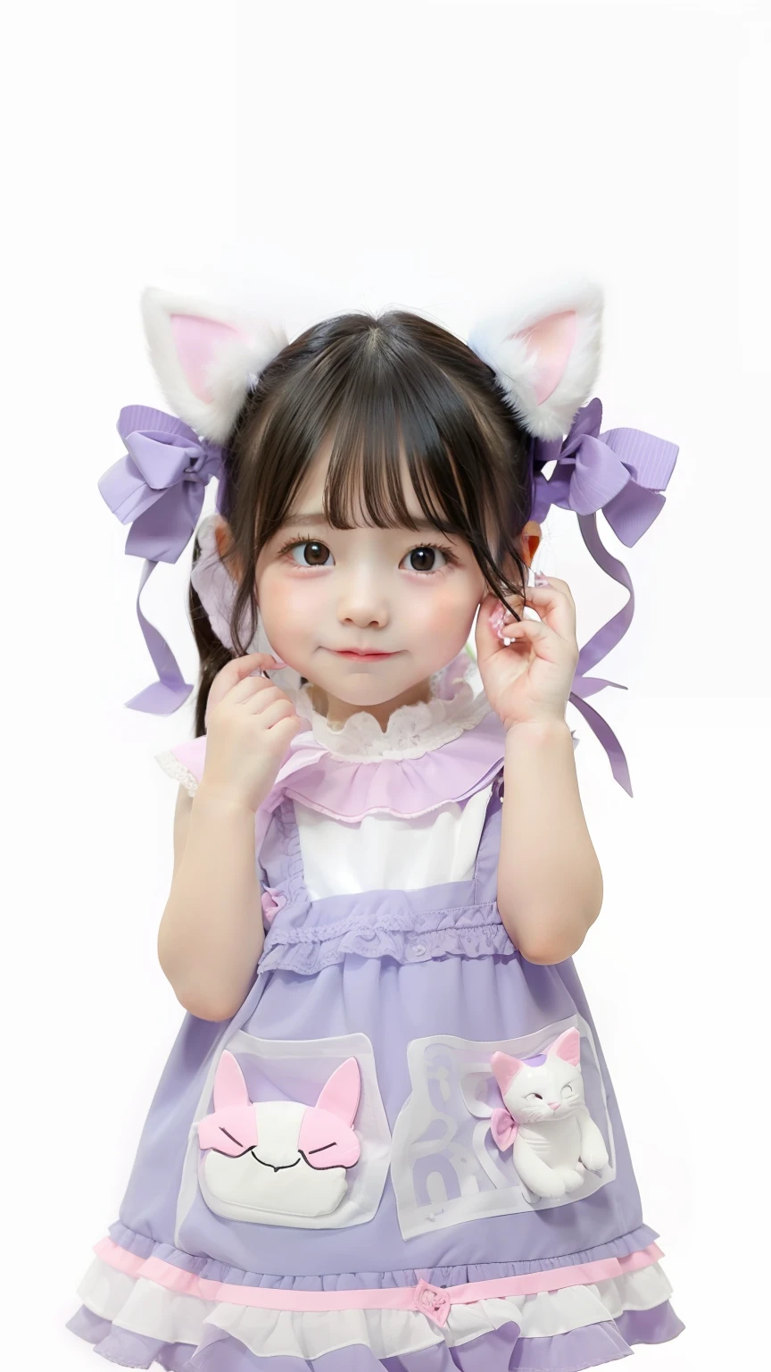 1 baby girl, cute face, pink and purple outfit, black hair, cat ear, 70mm