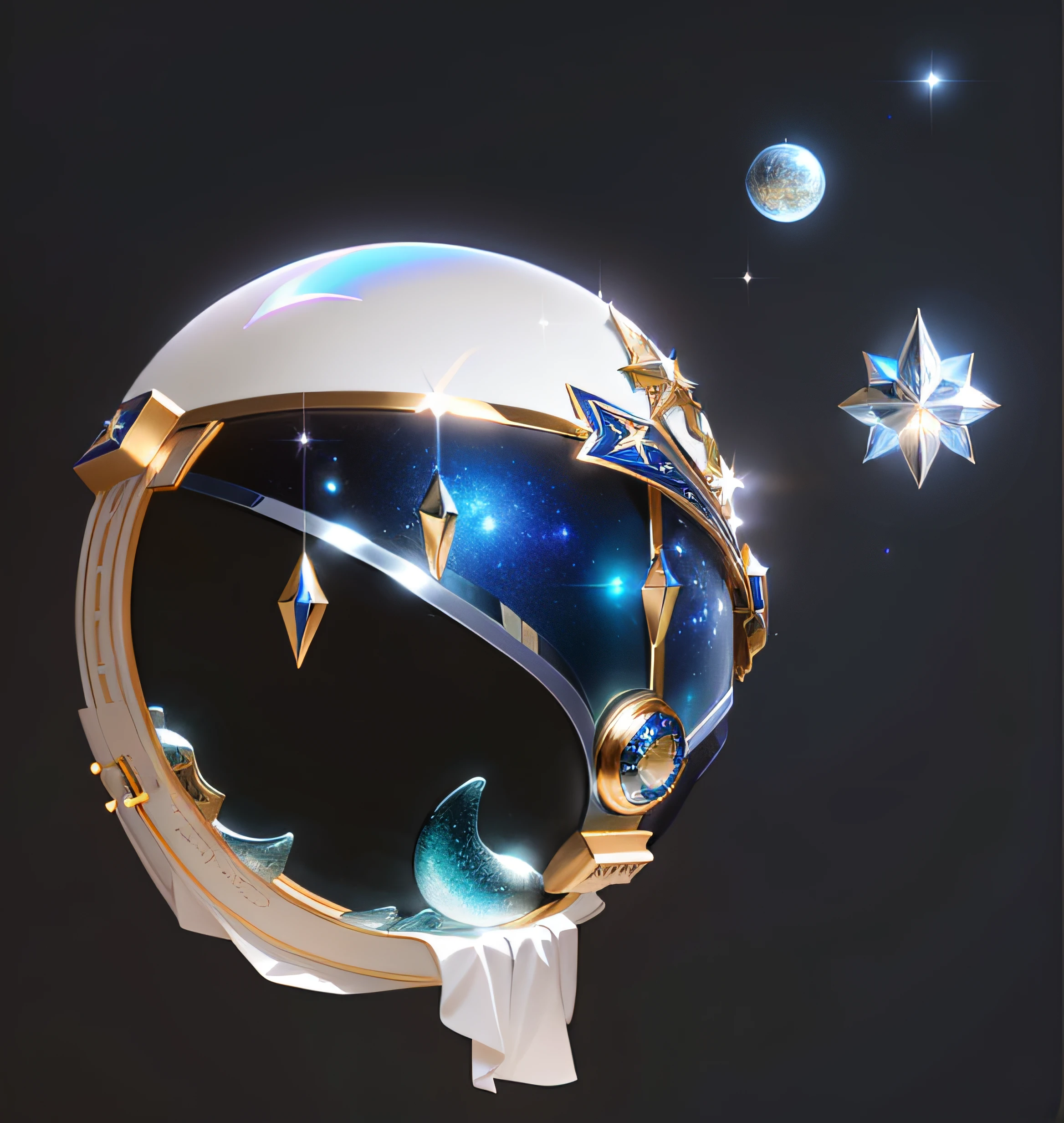 There are pictures of the moon and stars in the sky, the orb of dreams, galaxy reflected helmet, lunar themed attire, concept art magical highlight, Casque spatial en verre, ✨🕌🌙, refracted moon sparkles, space magical whale, magical shiny skin, intricate ornament halo, galaxy reflected in helmet, Space helmet, 3d magical details