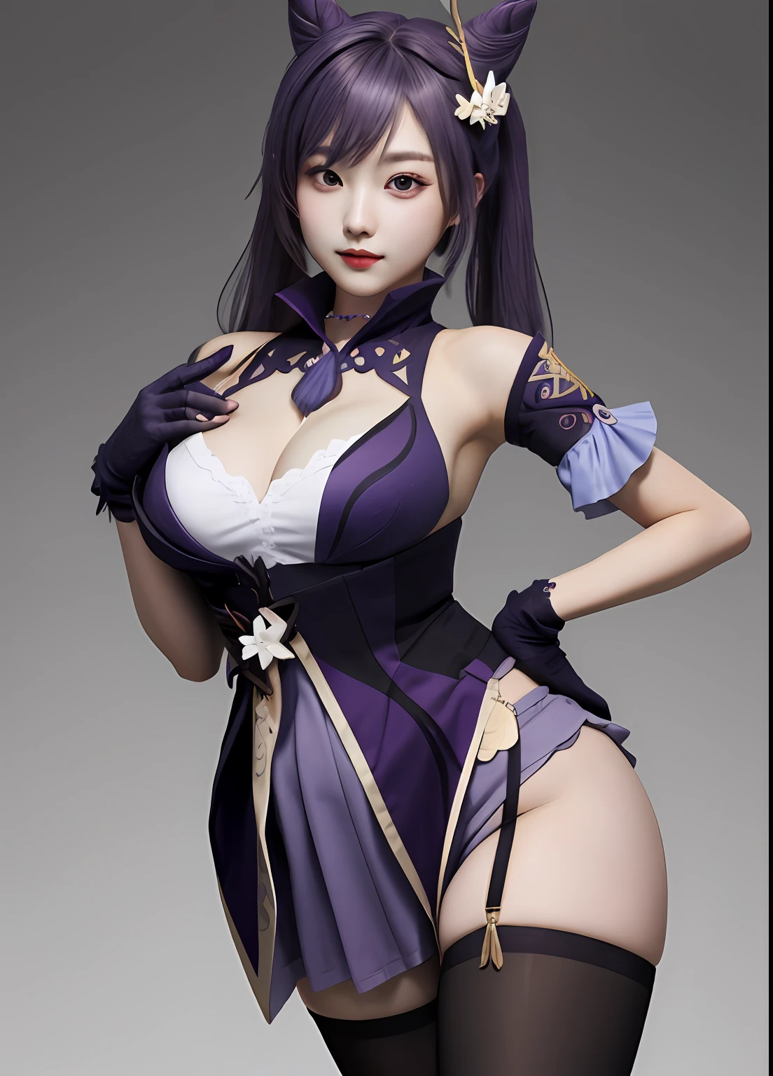 keqingdef,full bodyesbian,seductiv,Big chest,ogle,bare no clothes,simplebackground,black lence stockings,