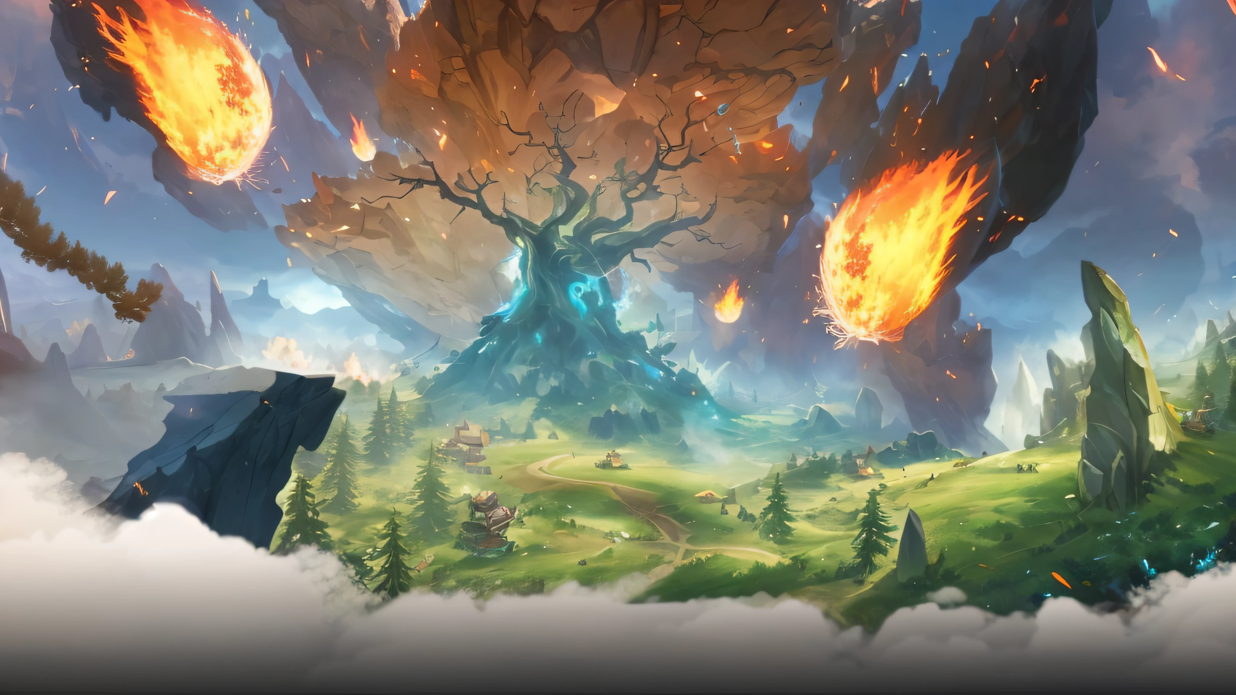 A forest scene with the atmosphere of war，Fireballs streaked across the sky，The sky is filled with smoke and fire，The close-up view is also filled with gunsmoke，There is a cliff on the left，Under the stone cliff is a pine forest，In the distance is a world tree，The fireball flies towards the World Tree，In this scene, there is(Stone cliffs+smog+balls of fire+pines+lawns+world tree)，Feel the atmosphere of the World Tree being attacked by fireballs，League of Legends CG，Arena of War，Game concept background，A masterpiece
