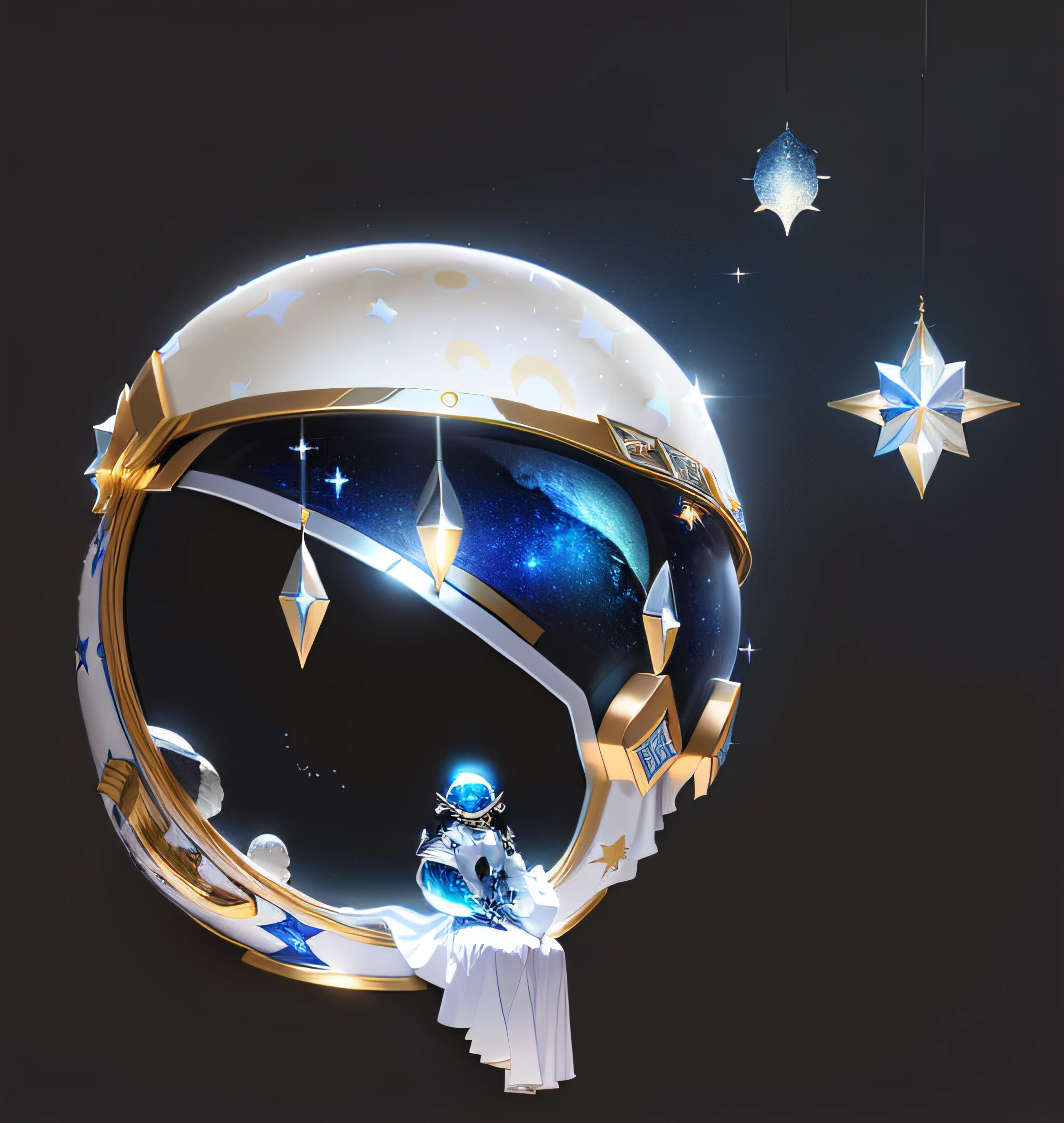 There are pictures of the moon and stars in the sky, the orb of dreams, galaxy reflected helmet, lunar themed attire, concept art magical highlight, Casque spatial en verre, ✨🕌🌙, refracted moon sparkles, space magical whale, magical shiny skin, intricate ornament halo, galaxy reflected in helmet, Space helmet, 3d magical details
