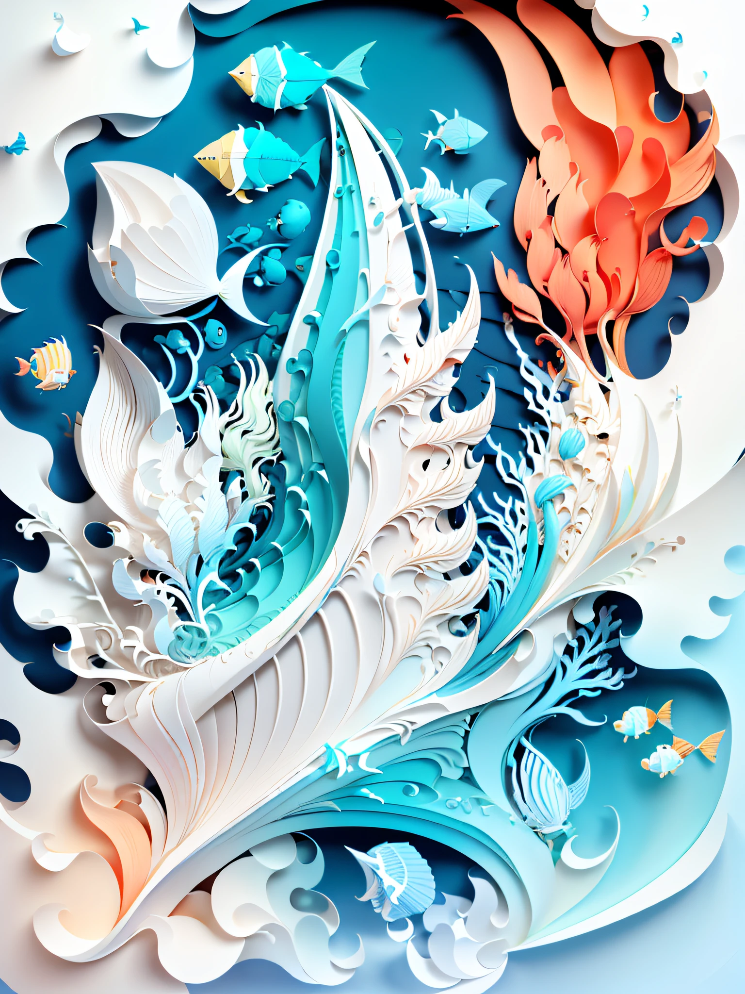 Sailboat, driving in the sea, integrating three-dimensional paper sculpture and paper art creation, using 3D stereoscopic rendering technology, gradient color matching from white to light blue, using 4K resolution, using simple and natural composition, and using white in the background, presenting a fresh and vulgar natural style. (:nature:)