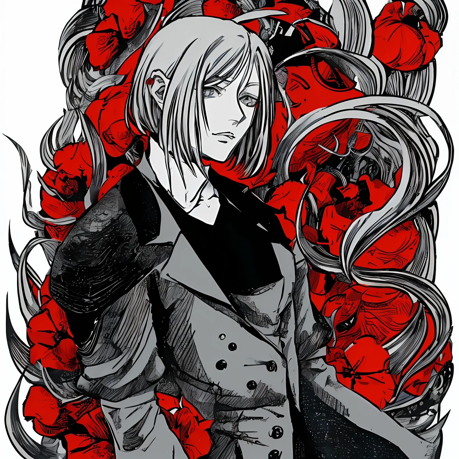 a drawing of a woman with long hair and a coat, shigenori soejima illustration, johan liebert mixed with alucard, sui ishida art manga, style of yoshitaka amano, killy from blame!, johan liebert mixed with dante, inspired by Yamagata Hiro, inspired by Sakai Hōitsu, inspired by Li Chevalier