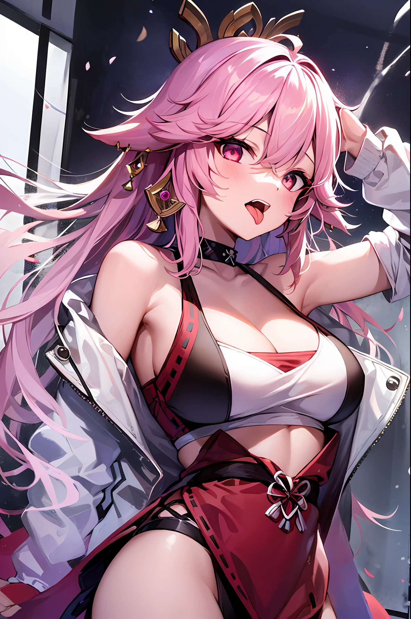 (((1girl))), hands up, long hair, tank-top, jacket, open shoulder, cowboy shot, bikini, medium breast, white background, open mouth, stick out her tongue out at viewers, red eyes, flushed, yae miko