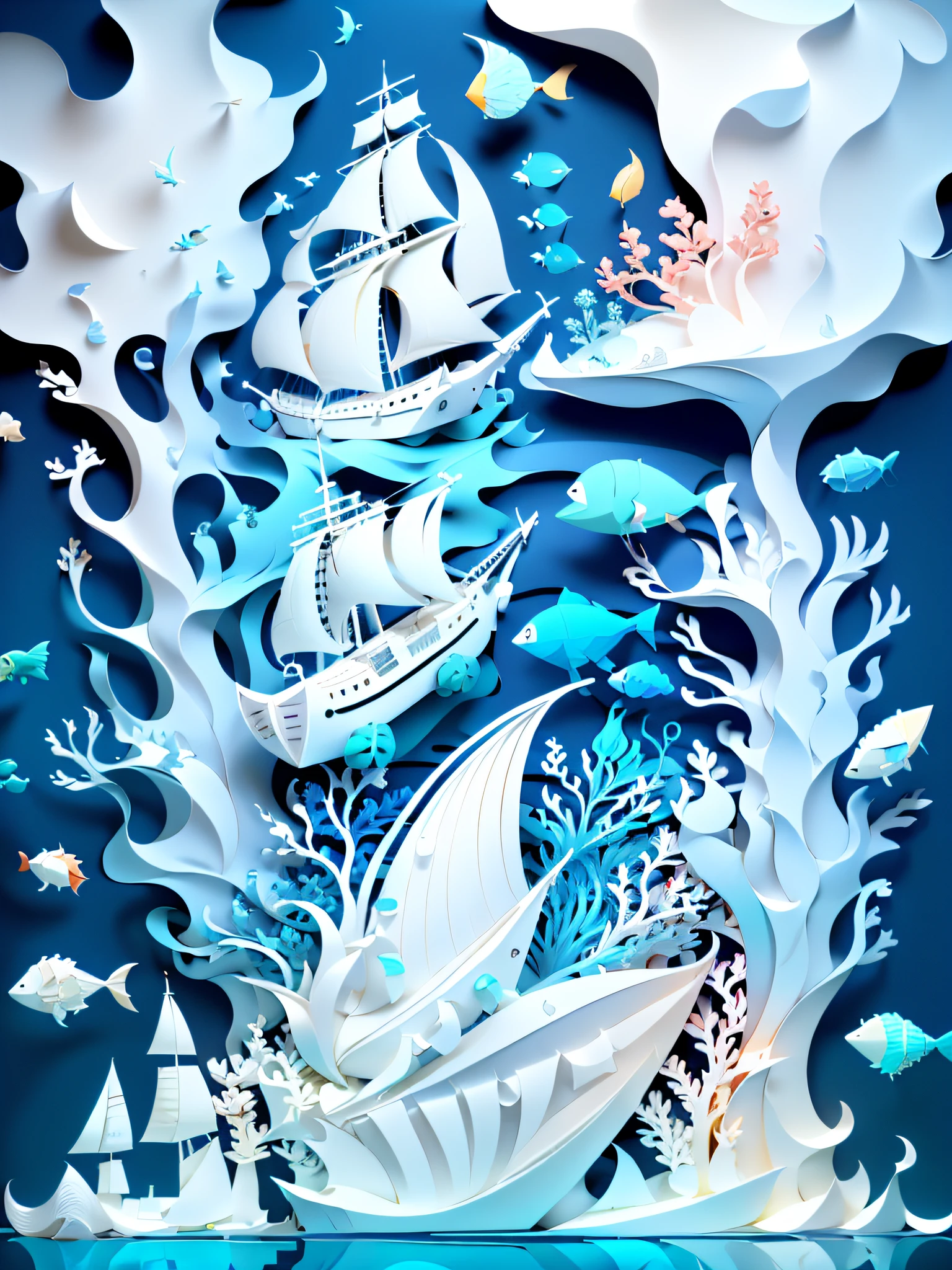 Sailboat, driving in the sea, integrating three-dimensional paper sculpture and paper art creation, using 3D stereoscopic rendering technology, gradient color matching from white to light blue, using 4K resolution, using simple and natural composition, and using white in the background, presenting a fresh and vulgar natural style. (:nature:)