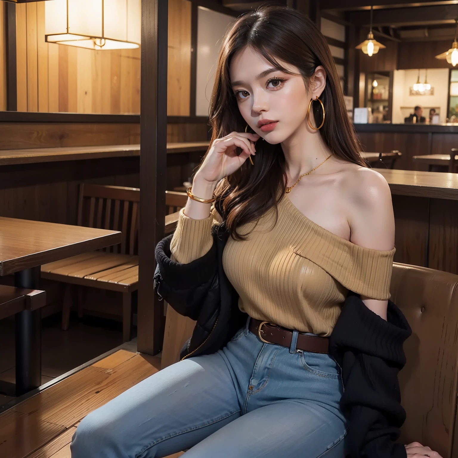 Half-up Hairstyle, (caramel brown) hair color, (gold) eyeshadow, (berry) lip color, (burgundy) off-shoulder knit sweater, (dark blue) skinny jeans, (brown) ankle boots, Accessories are (gold) hoop earrings, black leather bracelet, (brown) shoulder bag, BREAK, Background is enjoying a date at a casual izakaya in the city center with a relaxed atmosphere.
