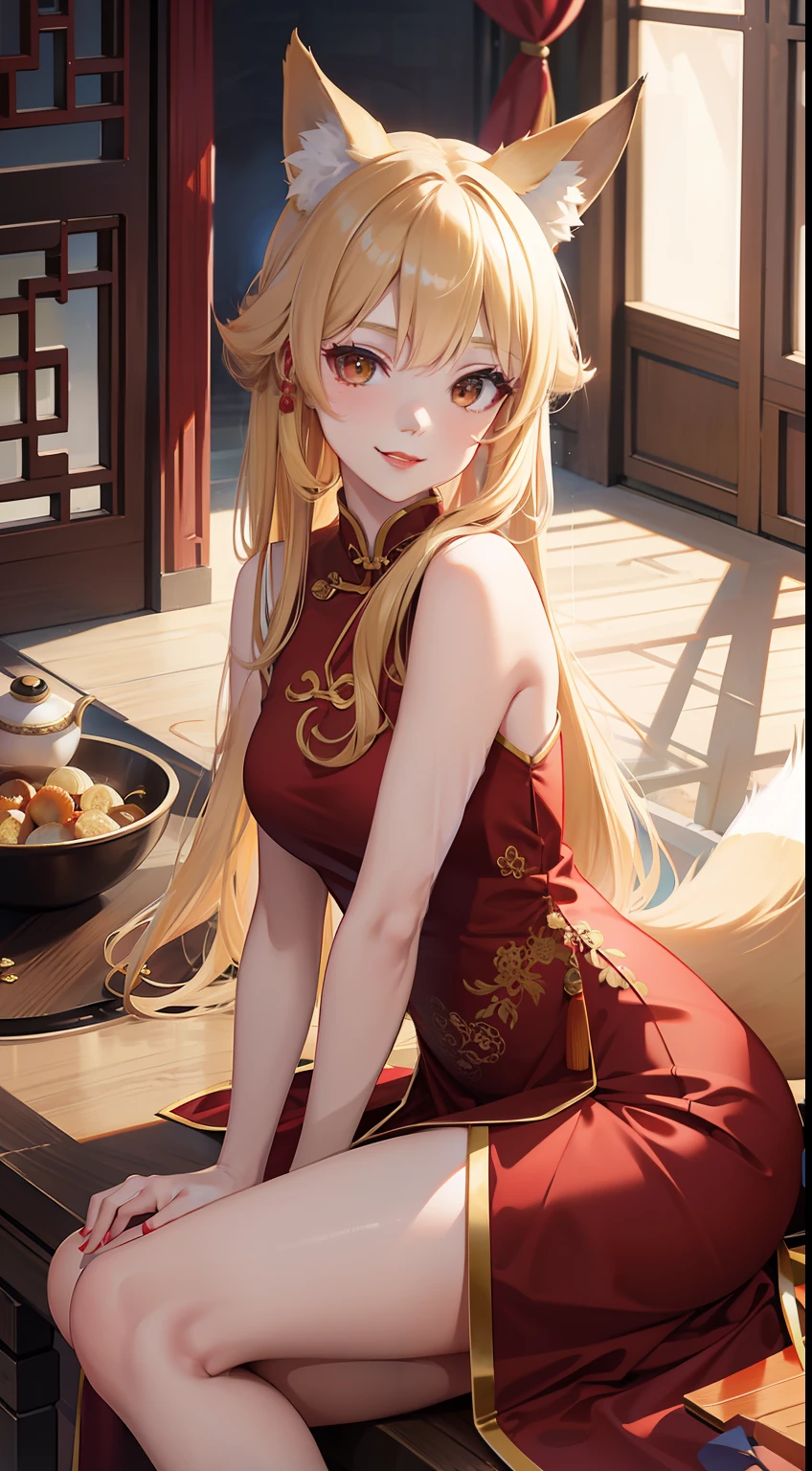 Adult woman, longue blonde hair, Brown eyes, fox ears and tail, Chinese dress, ssmile, red lipstick, Masterpiece, hiquality