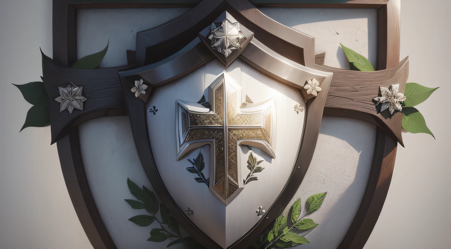 A shield with a cross is placed together on the flowers and leaves, Fantasy Shield, Shield emblem, Shield Design, Sharp metal crest, Rendered in Keyshot, super detailed rendering, Rendering in Cinema 4 D, high-quality rendering, digital painting, White wall,