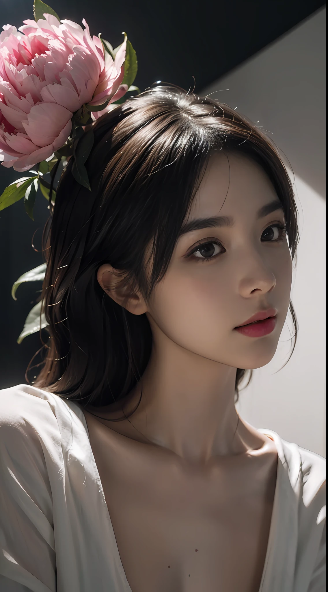 Peony flower beauty bust photo detailed, Masterpiece, offcial art, movie light effect, 4K, Chiaroscuro , Flashing Canon Photography (realisticlying:1.4)