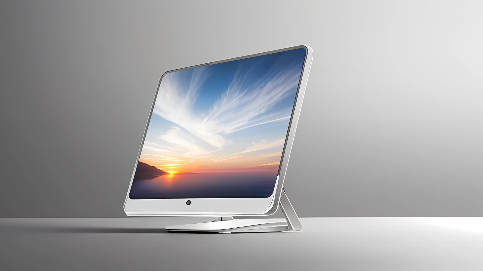 all-in-one PC, extremely narrow frame, super large screen, anodized aluminum, metal, minimalist design, high-end product design, smart camera, zero gravity stand,Photorealistic rendering products