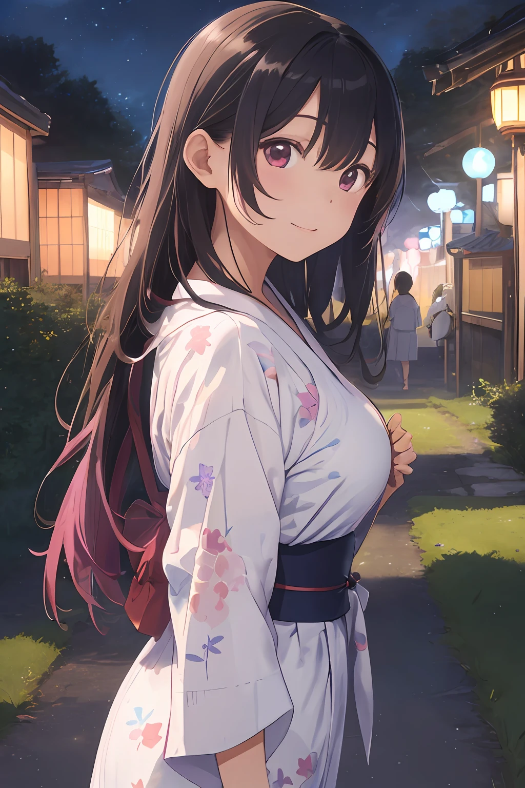 (masterpiece、realisitic:1.4)、(very intricate:1.2)>、Close Shot、(pastel(Medium)),portlate、(The upper part of the body:1.2)、(from the front side:1.3)、(dinner table)、((Yukata))、(Very long hair)、A smile、breastsout、((Festival of the Japan))、Nearby y(Wide night sky)、(sparklers)、looking at the viewers、tilt of the head、the wind、1girl in、独奏、Pink hair、BREAK、ciinematic light、超A high resolution、8KUHD、film grains、perfect anatomia、Exquisitely detailed skin、 Best Shadows、Delicate、raw、hight resolution、Precise background、(Natural forest in the background)、(breastsout)Protrusion of