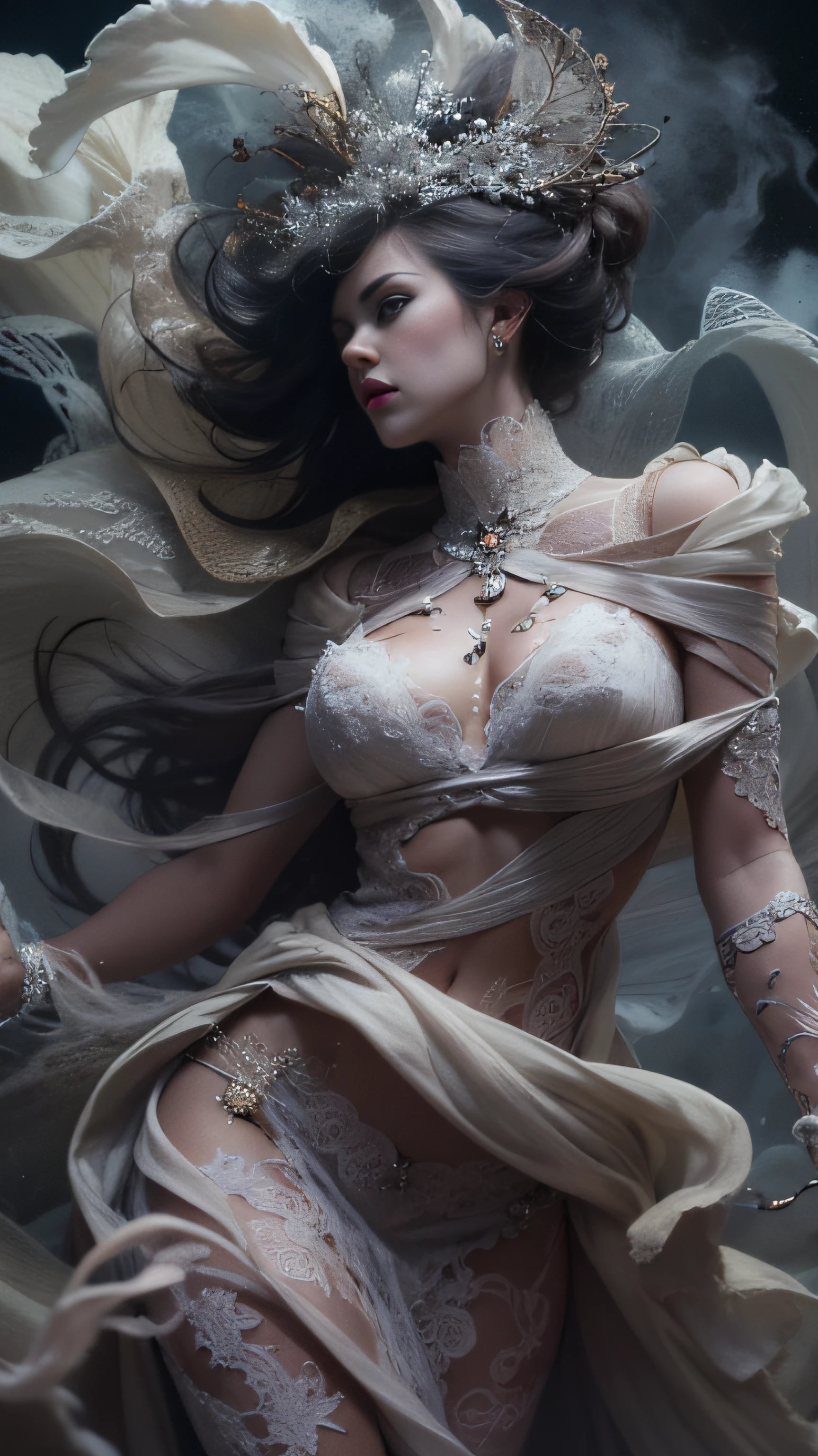 A sexy woman，， Ultra detailed art abstract photography in dark hookah spiral， Lace satin-like flowing smoke like clouds and smoke， Ten billion wild feng shui journey， perfectly proportions， A detailed， art by alberto seveso， Carne Griffith， Wadim Kashin， Jean Baptiste Monge， splashart， ink cloud， dynamic dancing pose， intricately details， carefully， at centre， in frame， dramatic  lighting， Popular on CGhSociety， iintricate， Epic， Popular on artstation， highly  detailed， TanvirTamim， with dynamism， Make movie character renderings， Ultra high quality， 8K