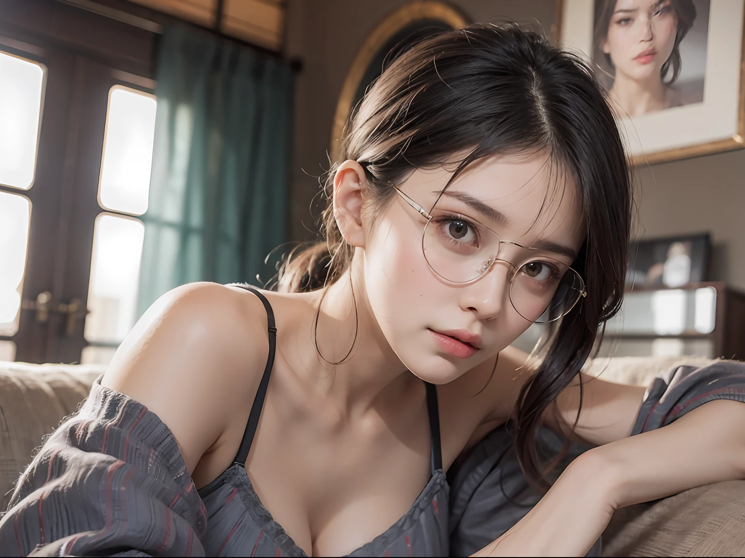 20 yo woman， brunette color hair， Short ponytail hair， thin frame glasses， Thinking face， （Wear a pajama dress， Medium breasts with），  lying on sofa，    glass window， wall clock， BREAK BREAK BREAK， cinematric light， realisticlying， tmasterpiece， Best quality at best， Complex CG，Highly detailed face，High detail eyes，