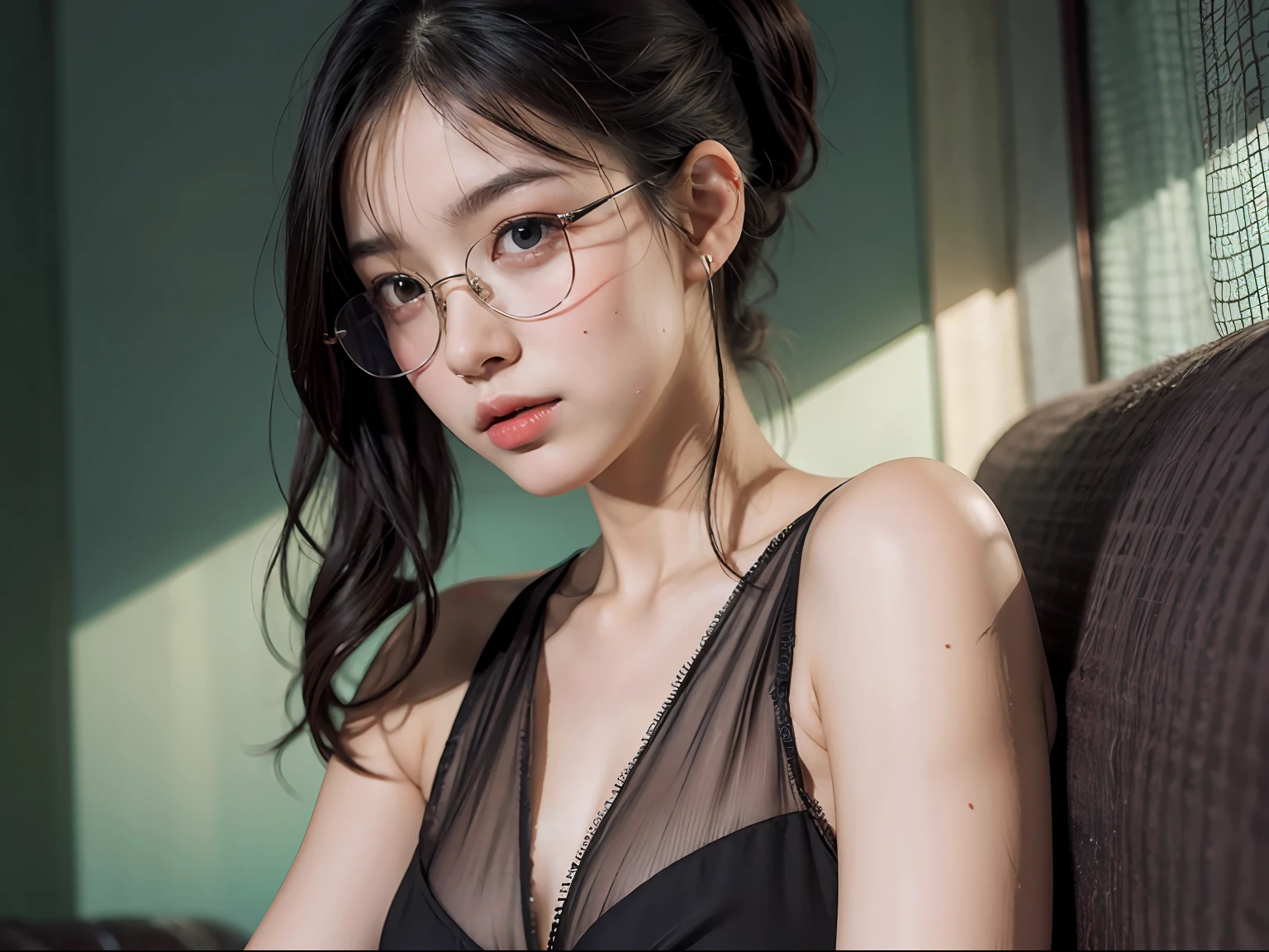 20 yo woman, brunette color hair, Short ponytail hair, thin frame glasses, Thinking face, (Wear a pajama dress, Medium breasts with), lying on sofa, glass window, wall clock, BREAK BREAK BREAK, cinematric light, realisticlying, tmasterpiece, Best quality at best, Complex CG,Highly detailed face,High detail eyes,