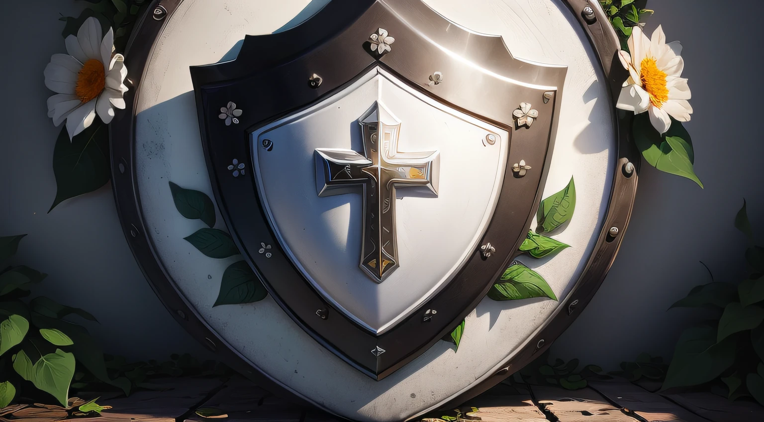 A shield with a cross is placed together on the flowers and leaves, Fantasy Shield, Shield emblem, Shield Design, Sharp metal crest, Rendered in Keyshot, super detailed rendering, Rendering in Cinema 4 D, high-quality rendering, digital painting, White wall,